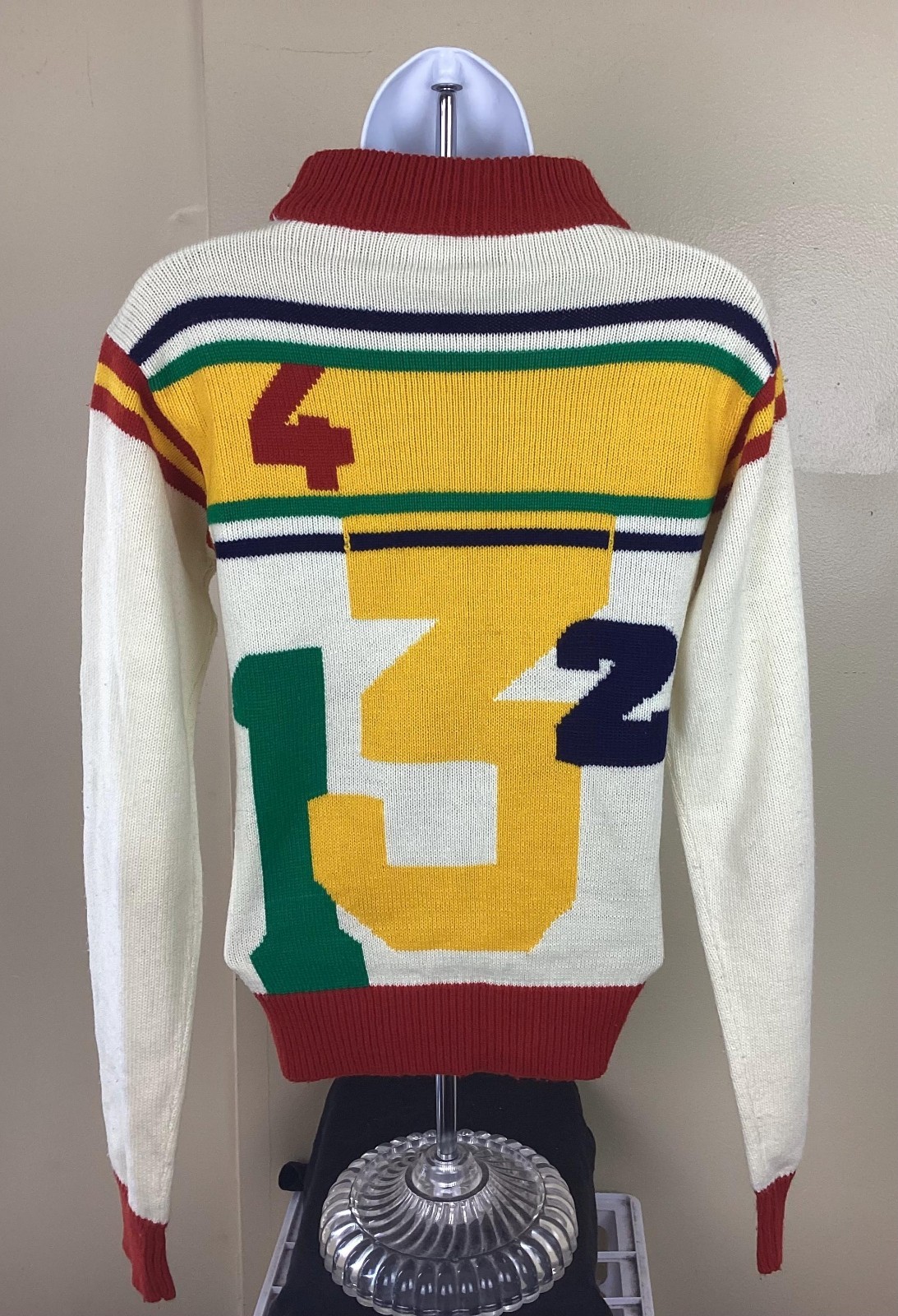 Vtg 70s Numbers Striped Print Pocket Pullover Sweater White Red M Women’s Size