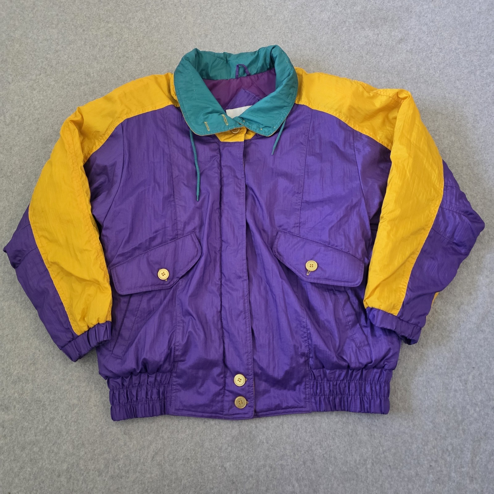 Vintage 80s 90s Rainbow West Puffer Jacket Size M Retro Coloblock Purple/Yellow