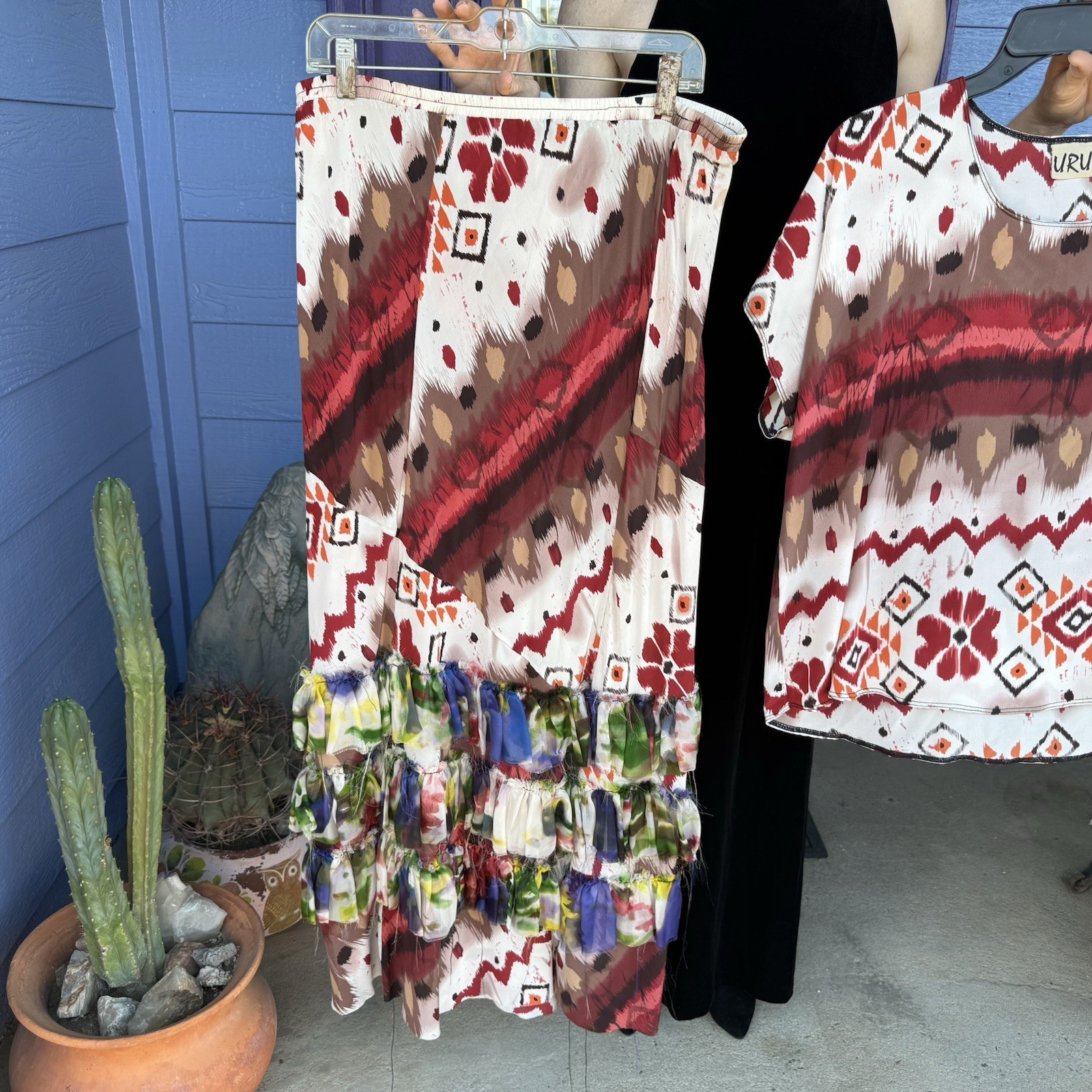 URU 100% Silk Set Matching Blouse + Skirt Size Large 2 Piece Flowy Vintage Boho