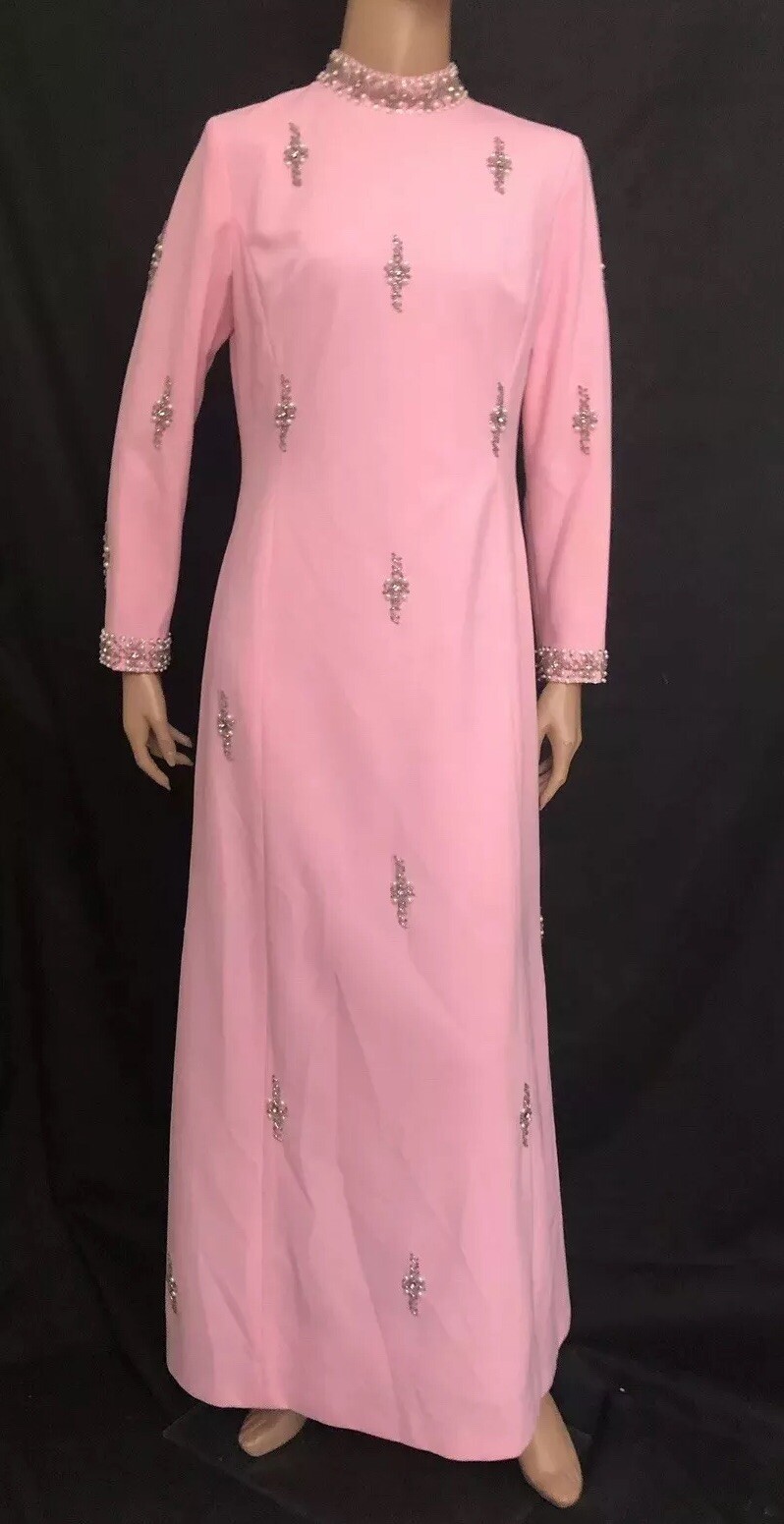 VTG Boutique International Hong Kong 100% Poly Dress Pink.Sequins.Faux Pearls 12