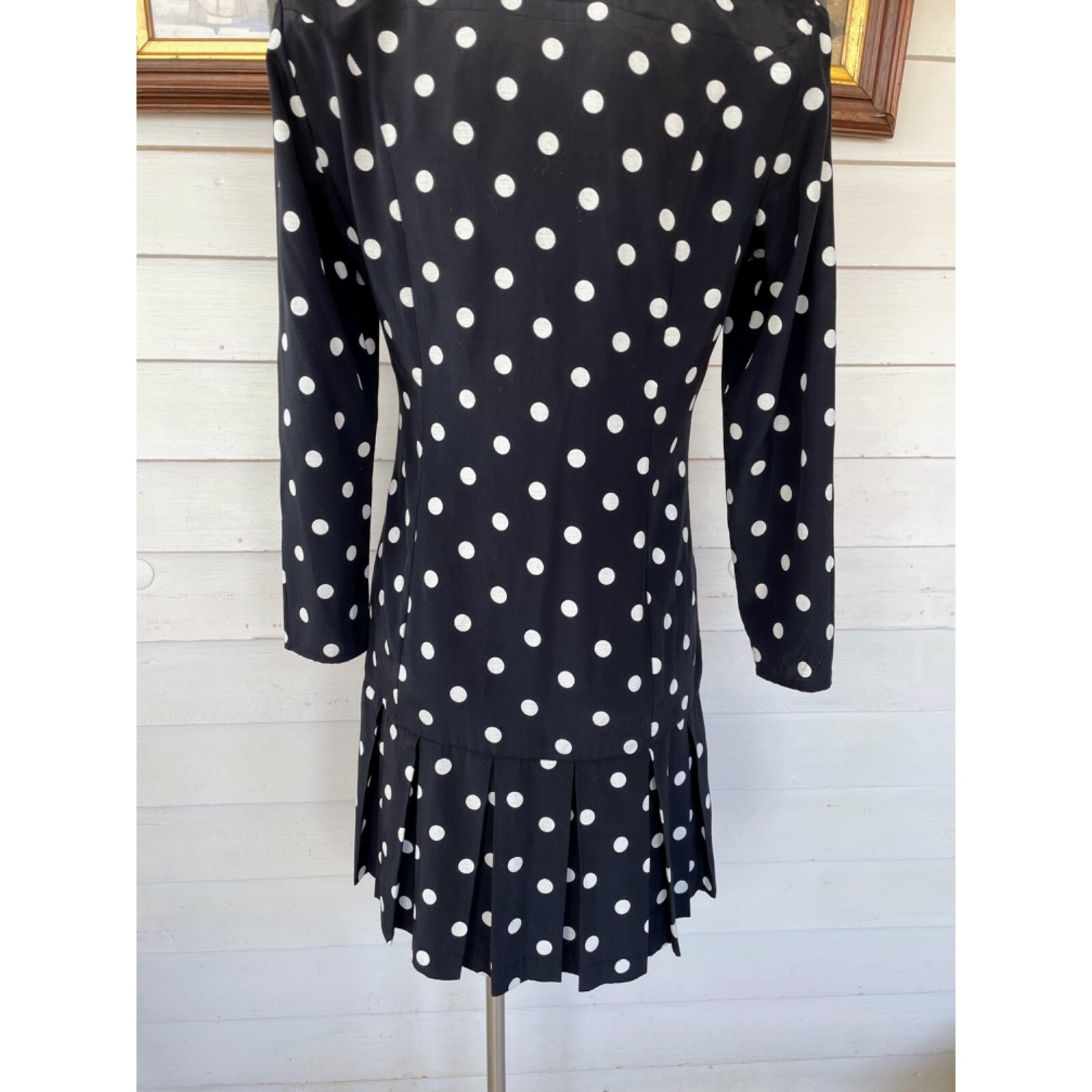 Vintage 1980s Black White Polka Dot Pleated Dress