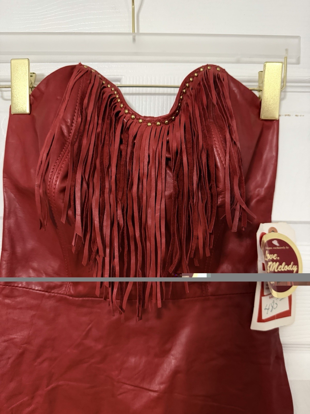 Vintage Red Genuine Leather Fringe Strapless Dress Western Cowgirl Boho