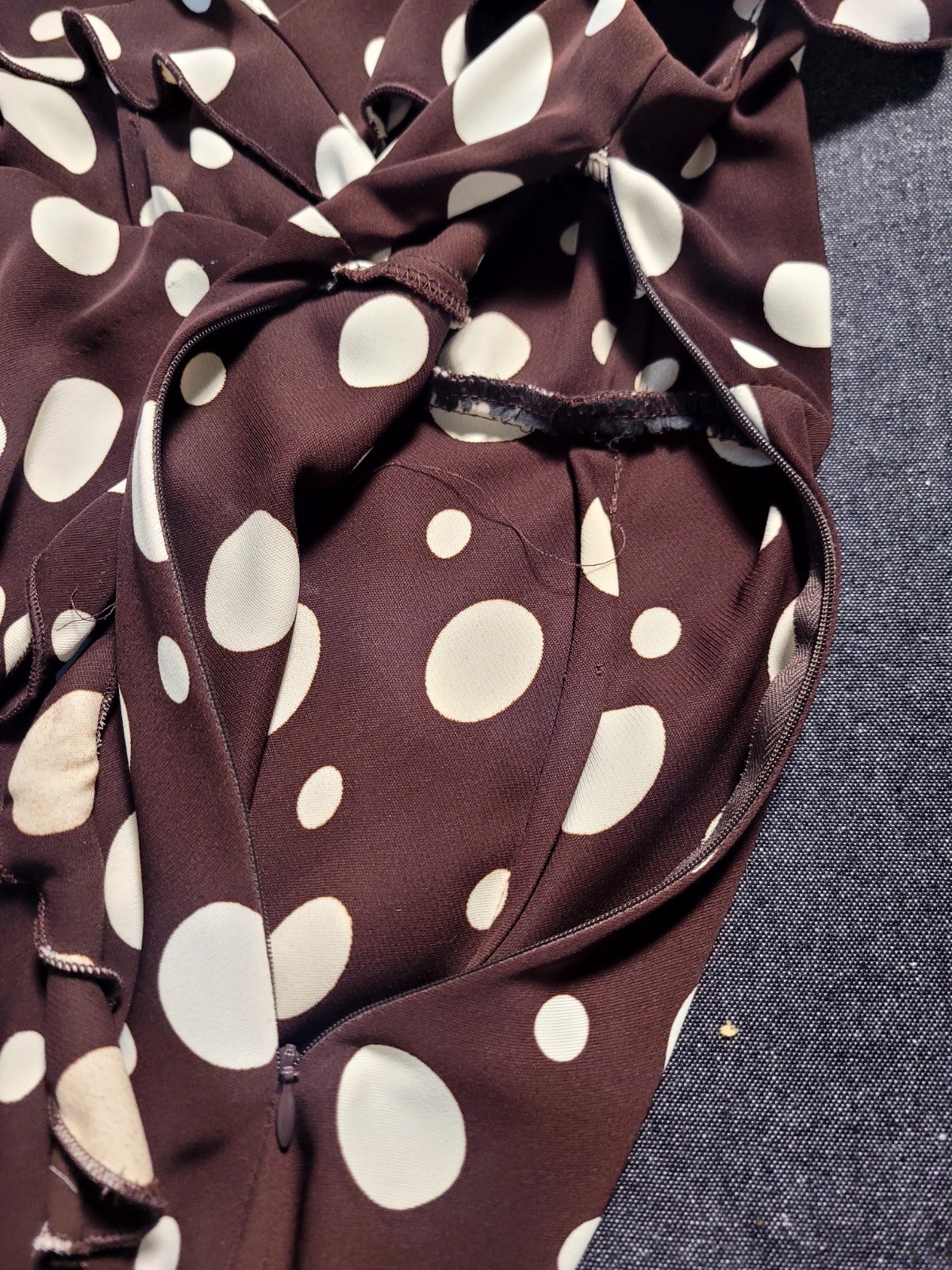 Vintage 80s 90s S.L Fashions Brown White Polka Dot Midi Maxi Dress Ruffles Vneck