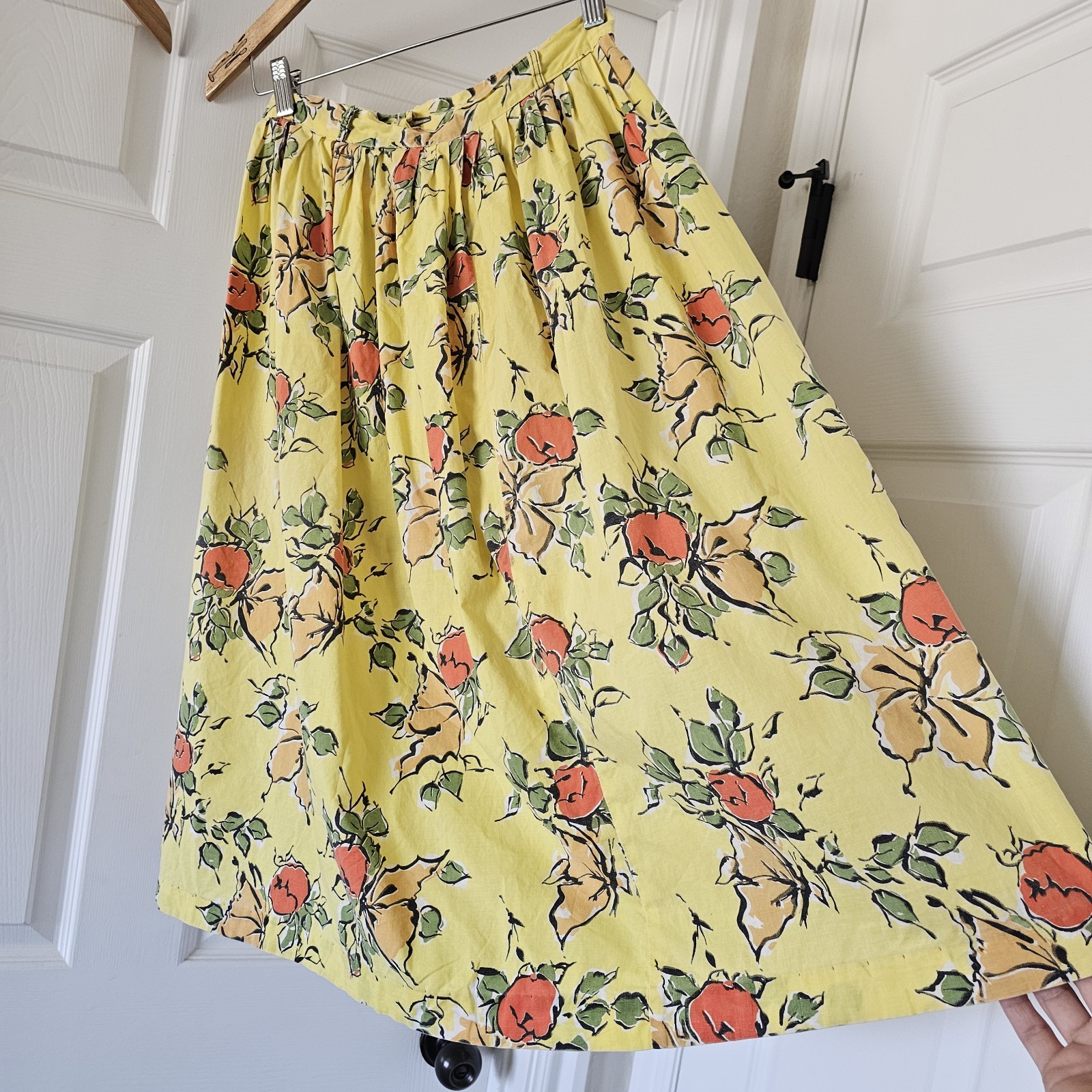 1950s Vintage Novelty Floral Yellow Midi High Waist Cotton Skirt Belt Set #66