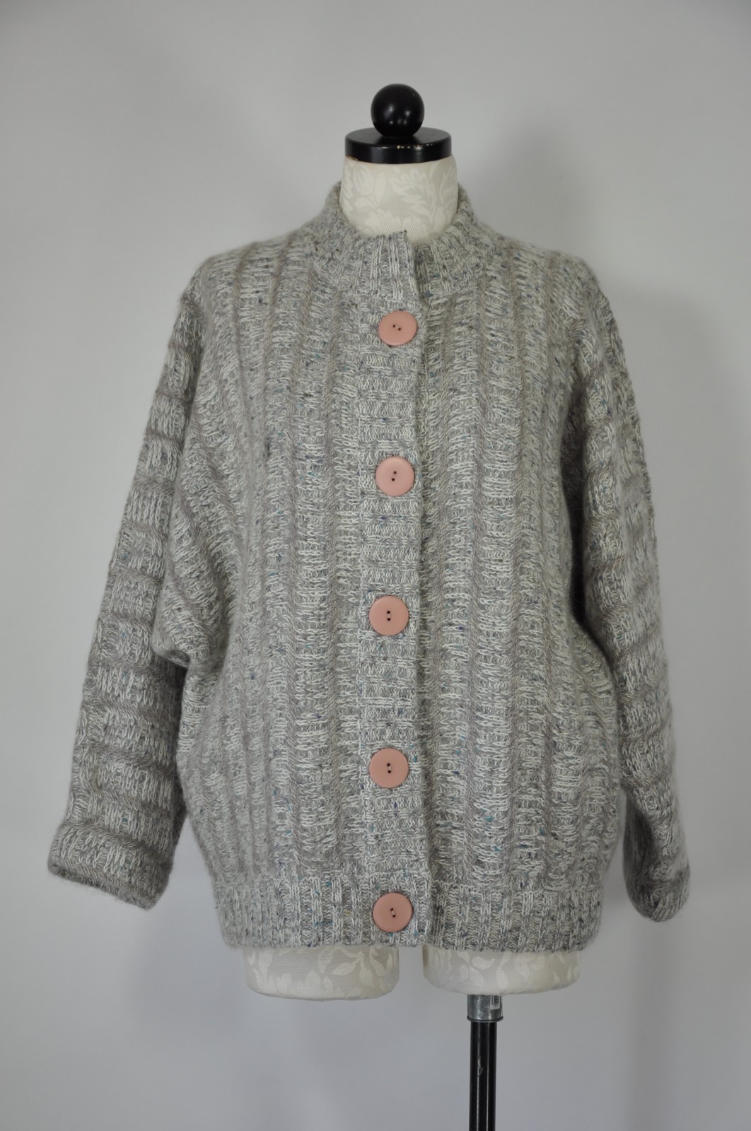 80s Vintage Gray Fuzzy Wool Mohair Buttoned Cardigan Sweater Jacket Women L XL