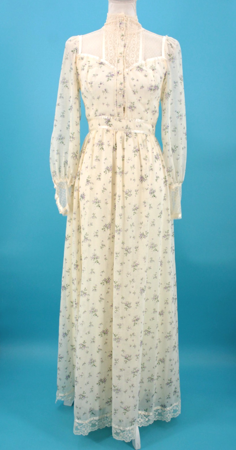 Vtg Women’s 70s Gunne Sax Cream & Purple Floral Maxi Prairie Dress XS/S 1970s
