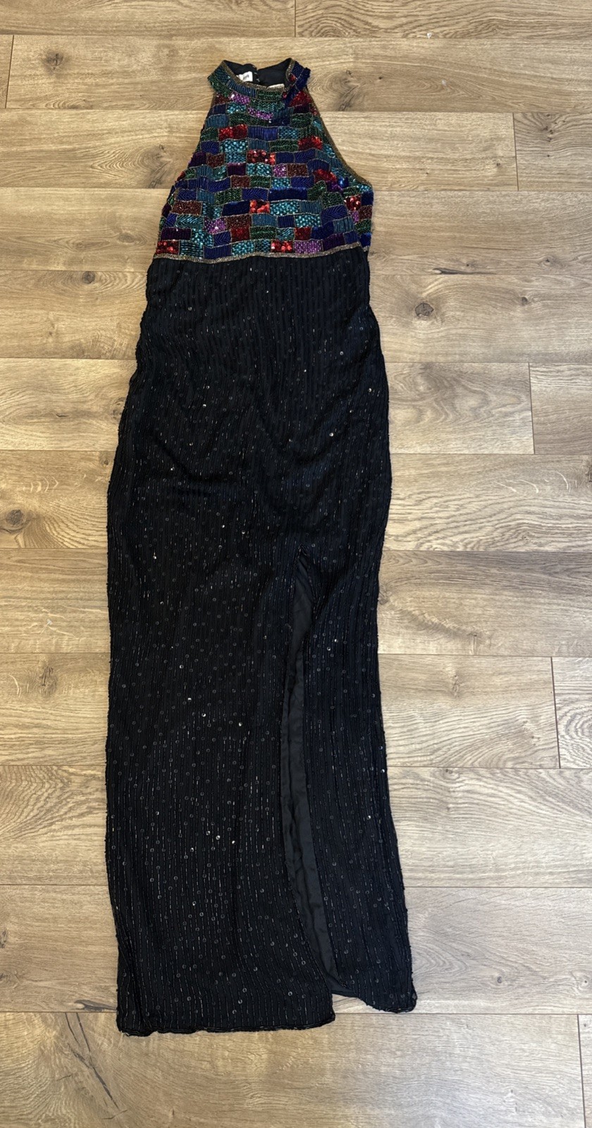 Vintage 90s Silk Halter Gown Sequin Beaded Black & Jewel Tones Formal Size L