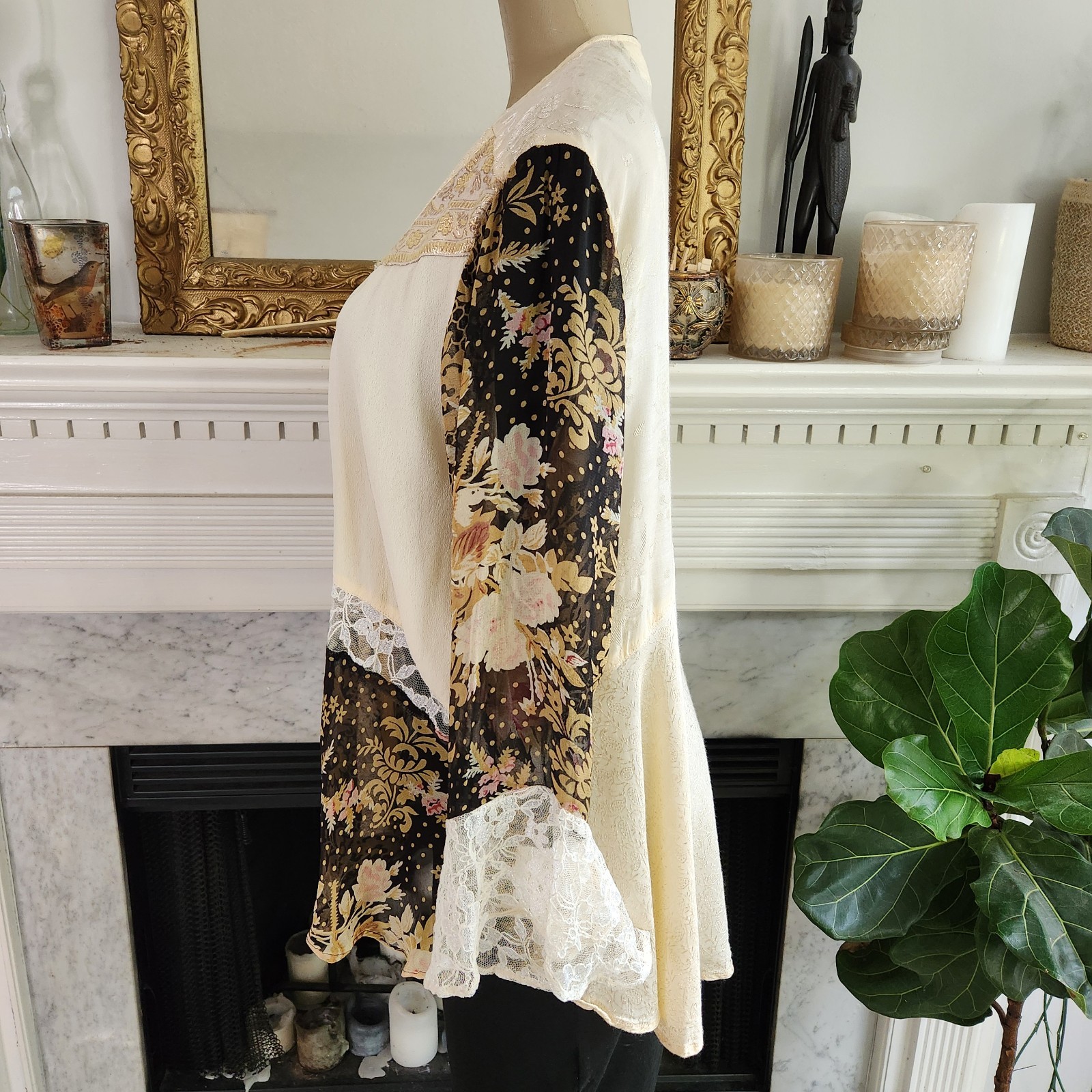 Vtg 80s Beige Patchwork Cardigan Sz 1X Jacket Jacquard Floral Boho Hippy Lace