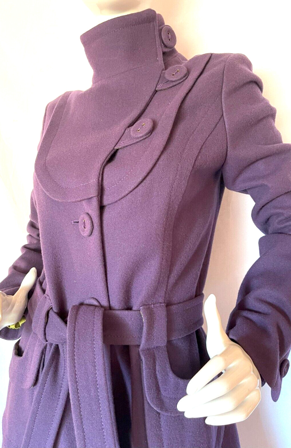 VTG Miss Sixty Purple Wool 3/4 Long Coat WBelt SZ 8