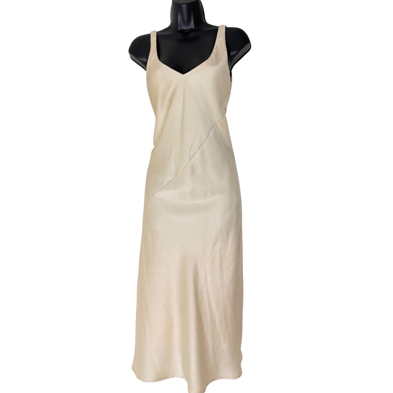 Line & Dot Cream Satin Bias Cut Midi Slip Dress