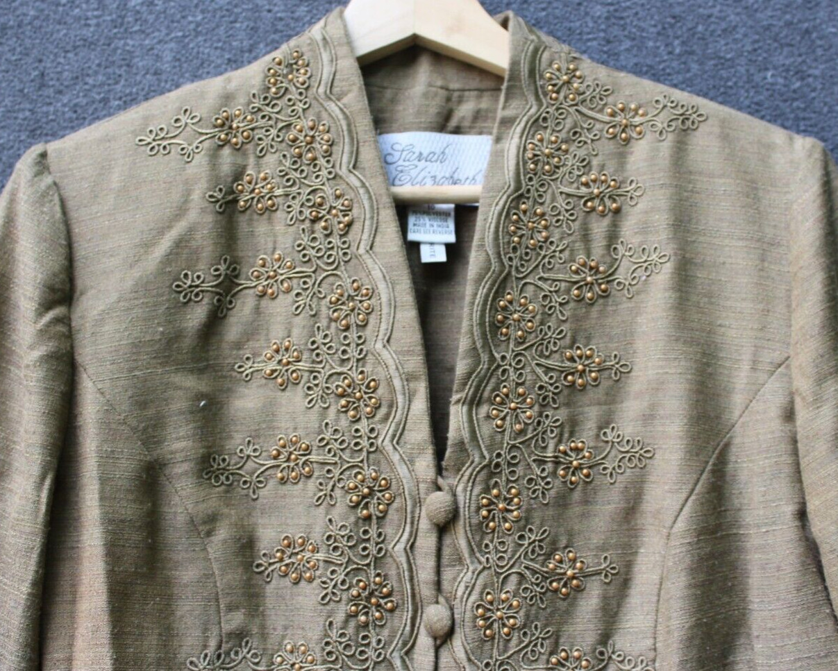 Sarah Elizabeth Olive Vintage Jacket Blazer Embroidery Size 10 Indian Style