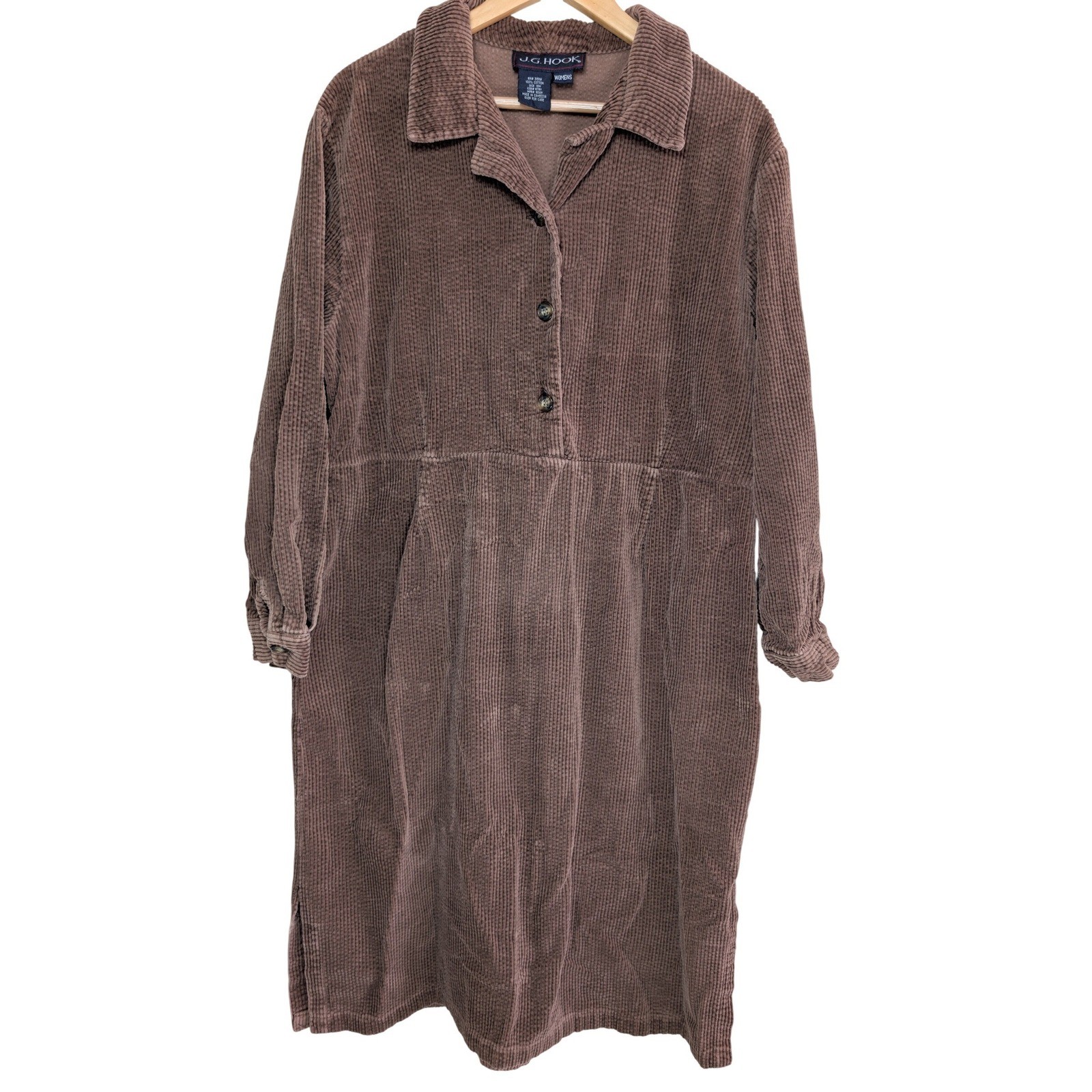 JG Hook Vintage Brown Corduroy Dress Womens 18W Long Sleeve Button Front Midi