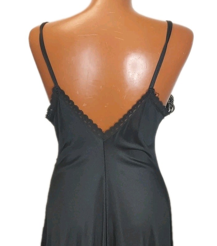 Vintage Sheer Lace Nylon Long Slip Dress Woman Sz 30 Satin Black High Front Slit