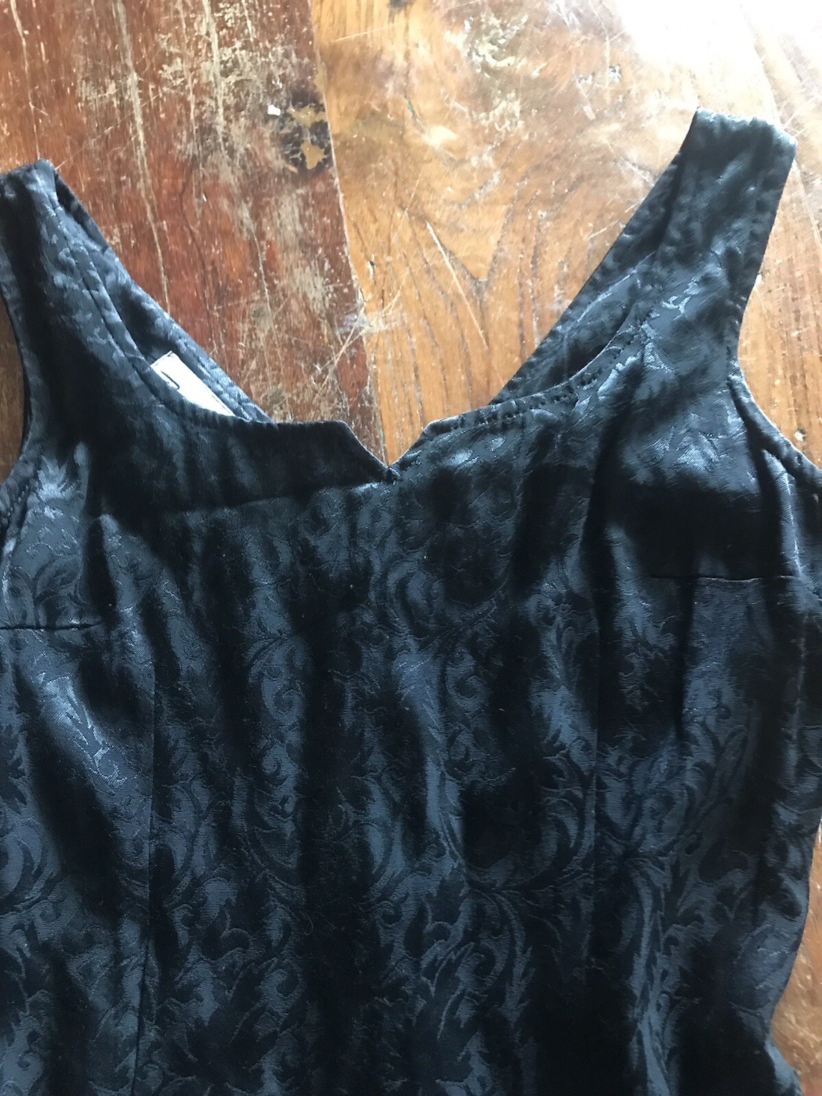VTG 90s Paris Blues mini black dress printed brocade look grunge fun neckline