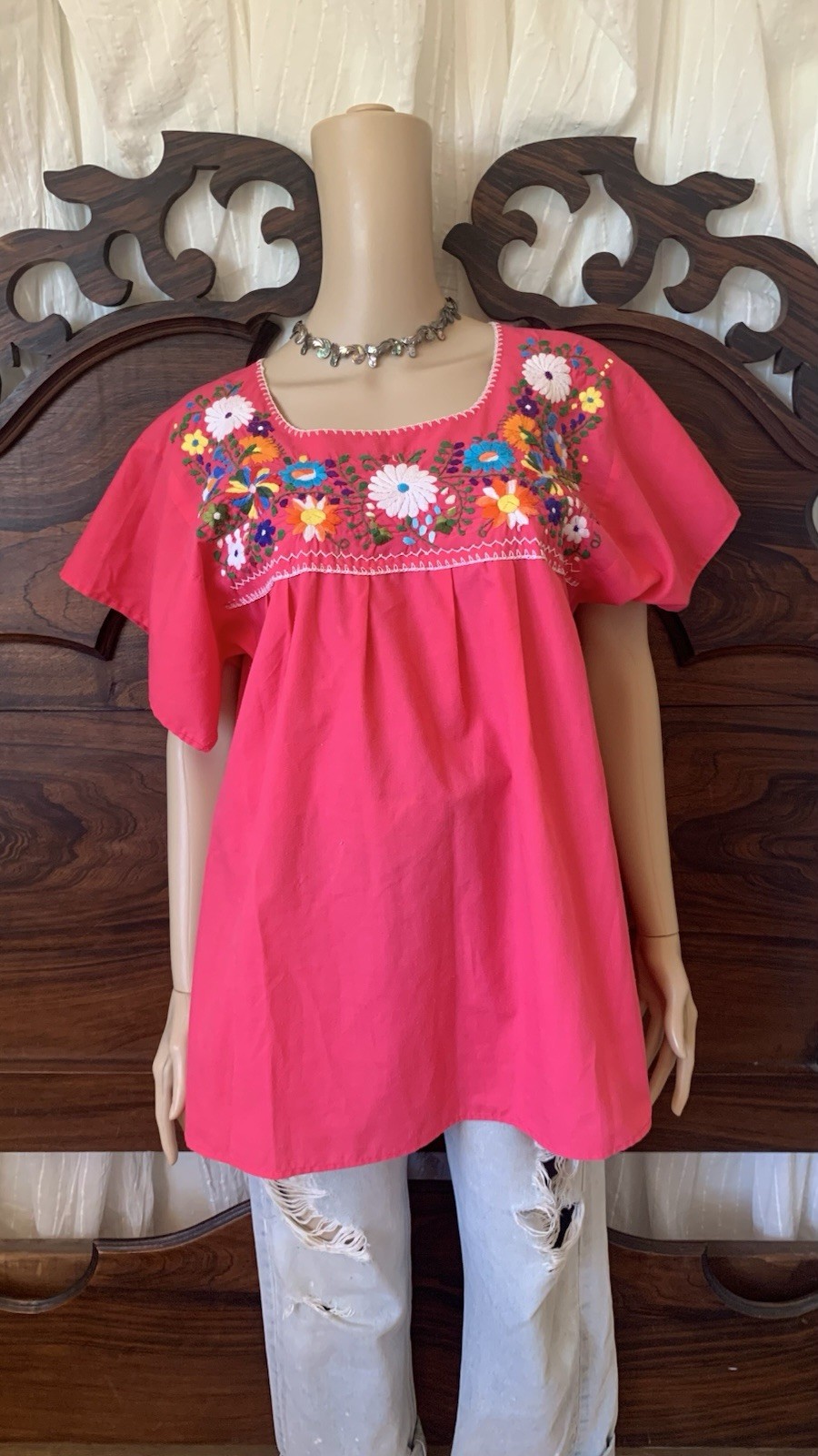 Vintage 80s 90s Mexican pink & multicolor floral embroidered cotton top blouse
