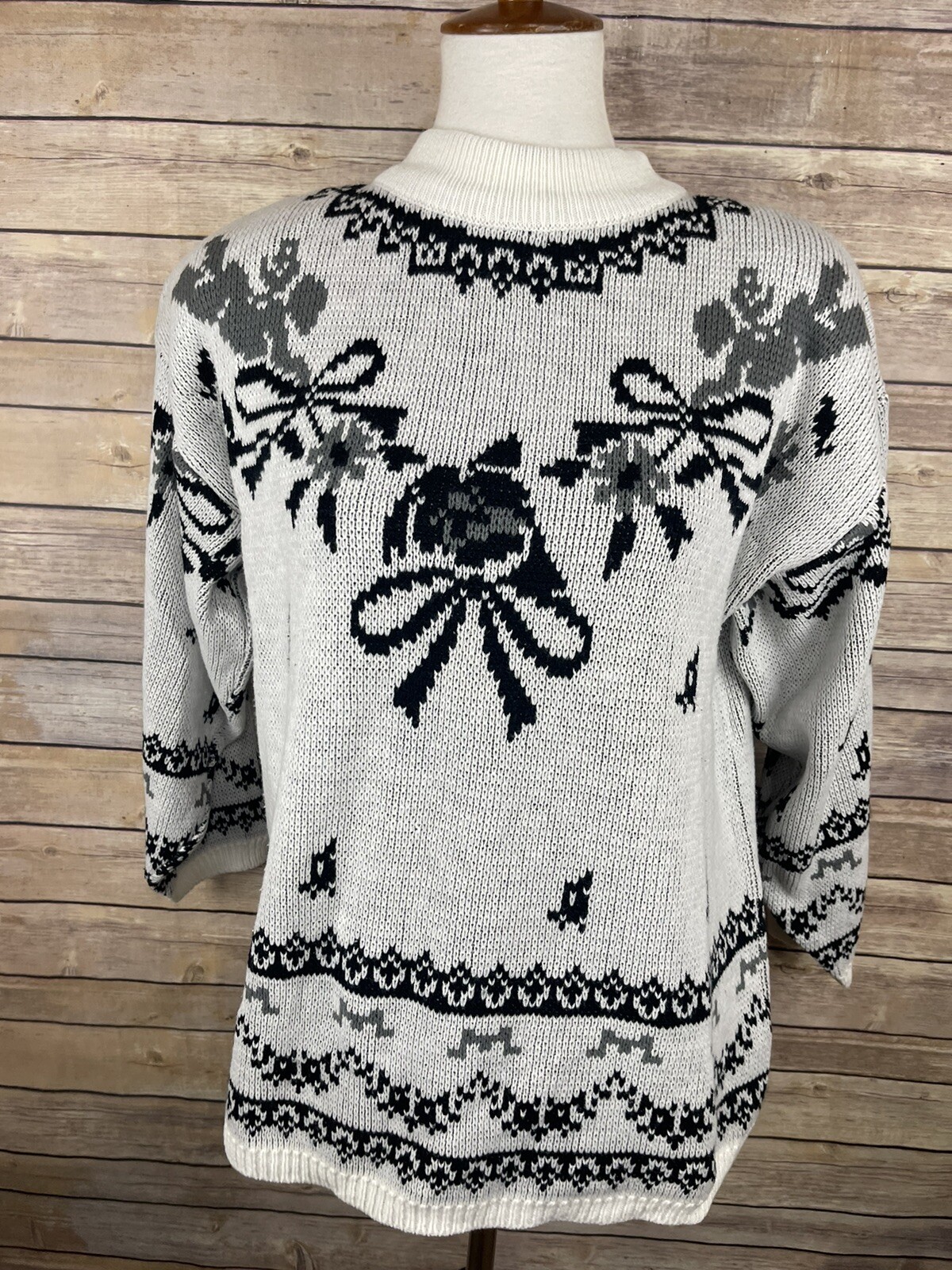 Vintage Jamie Scott Large ? Sweater Cherub Floral Bows White Black Gray 90’s