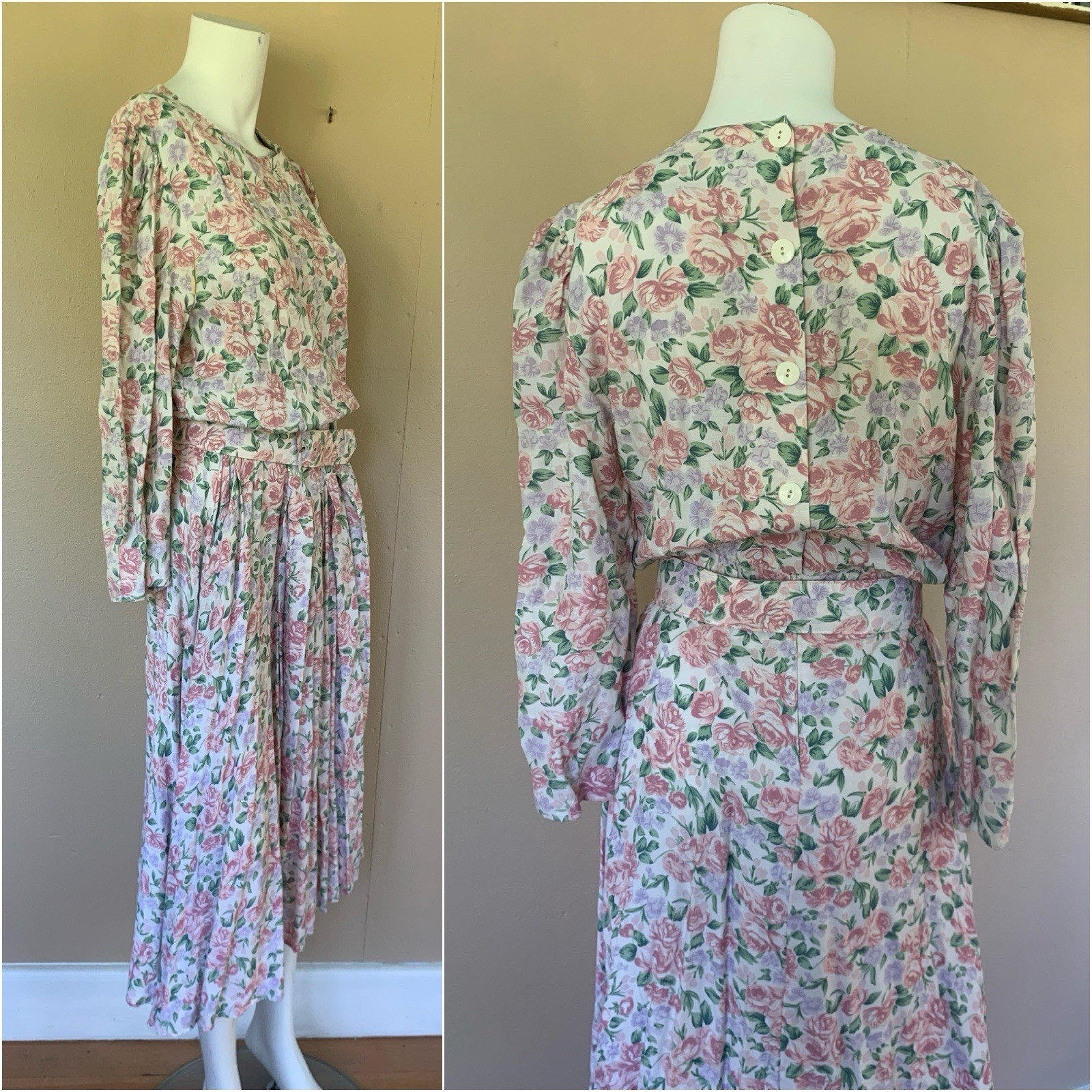 Vintage Long Sleeve A-Line Midi Dress w Belt | 80s Floral Tea Length Dress S/M