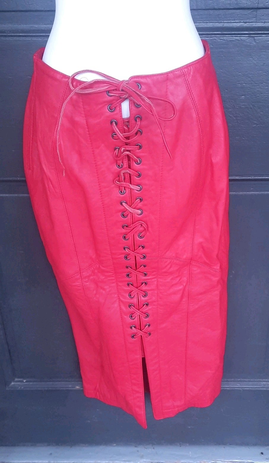 NORTH BEACH LEATHER Michael Hoban 9/10 Vintage 1980s Red Lace Up Straight Skirt