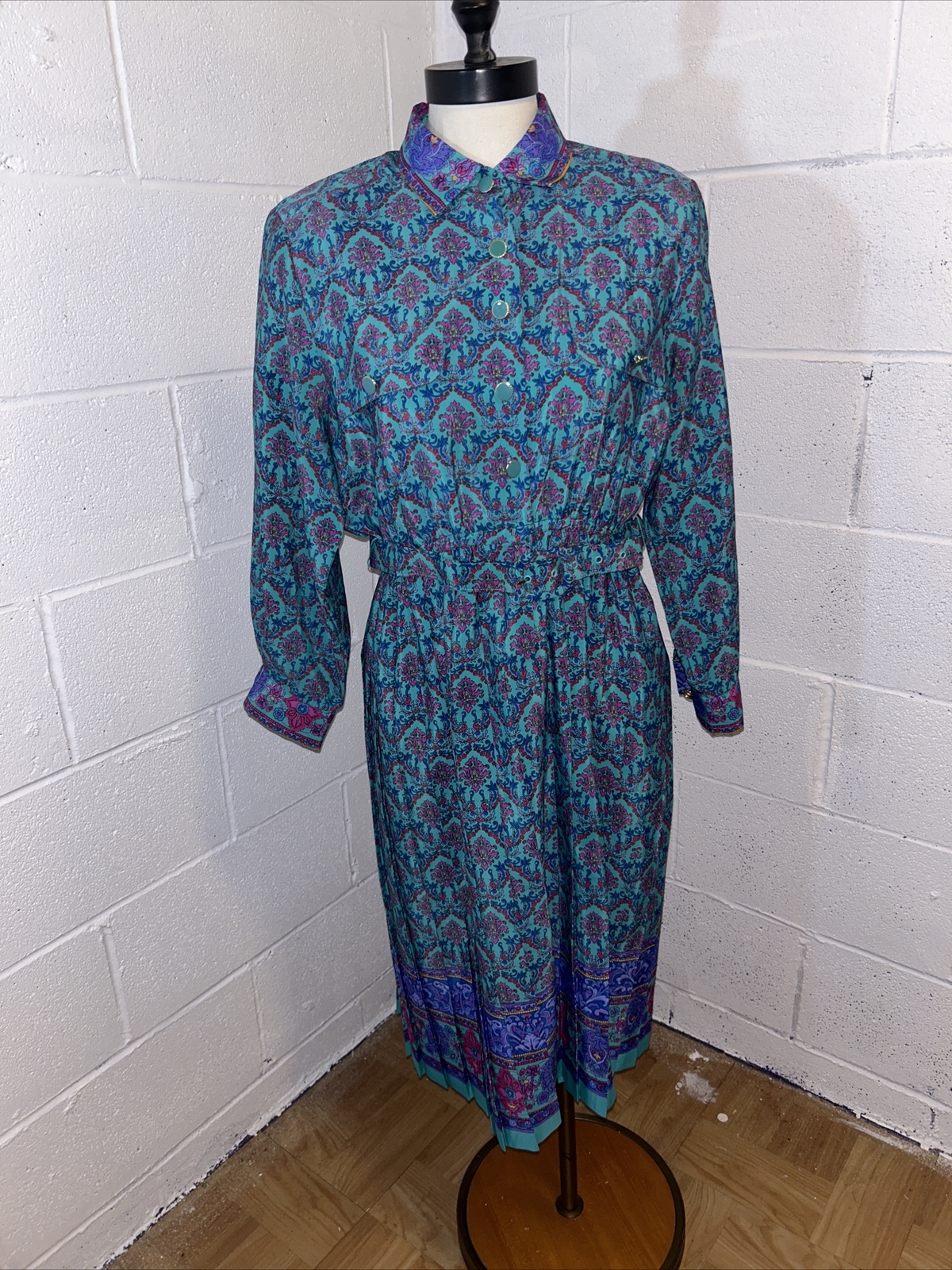VTG Schrader Petite 12 Teal Print Vintage Collar Long Sleeve Belted 80s Dress D2