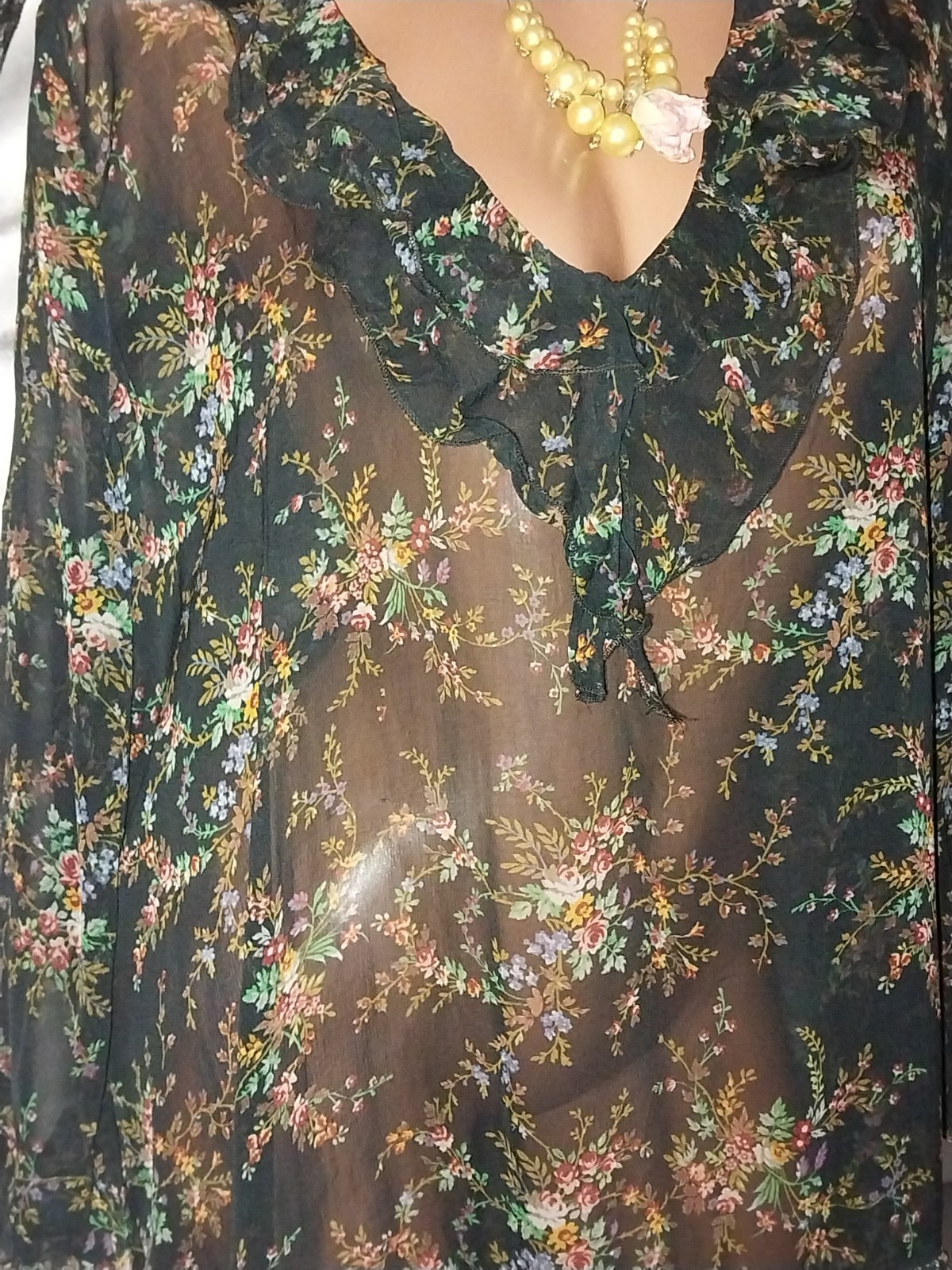 Vtg Silky Nylon Viscose CHIFFON Jade Floral Opaque Ruffles Poets Nightgown 48″