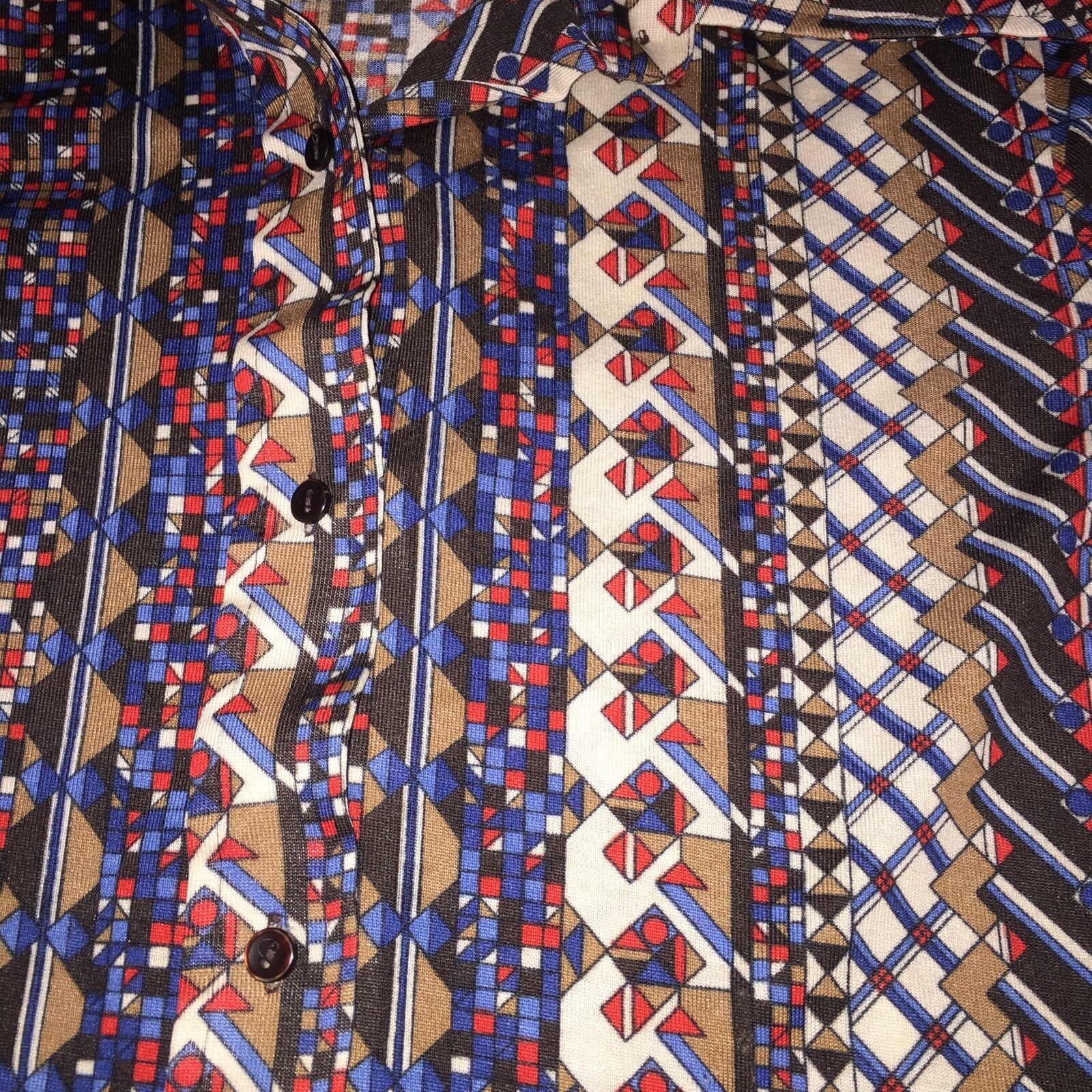 Womens Vintage BLOUSE LOUBELLA Brown Blue and Red Geo-Deco Print 20 Bust