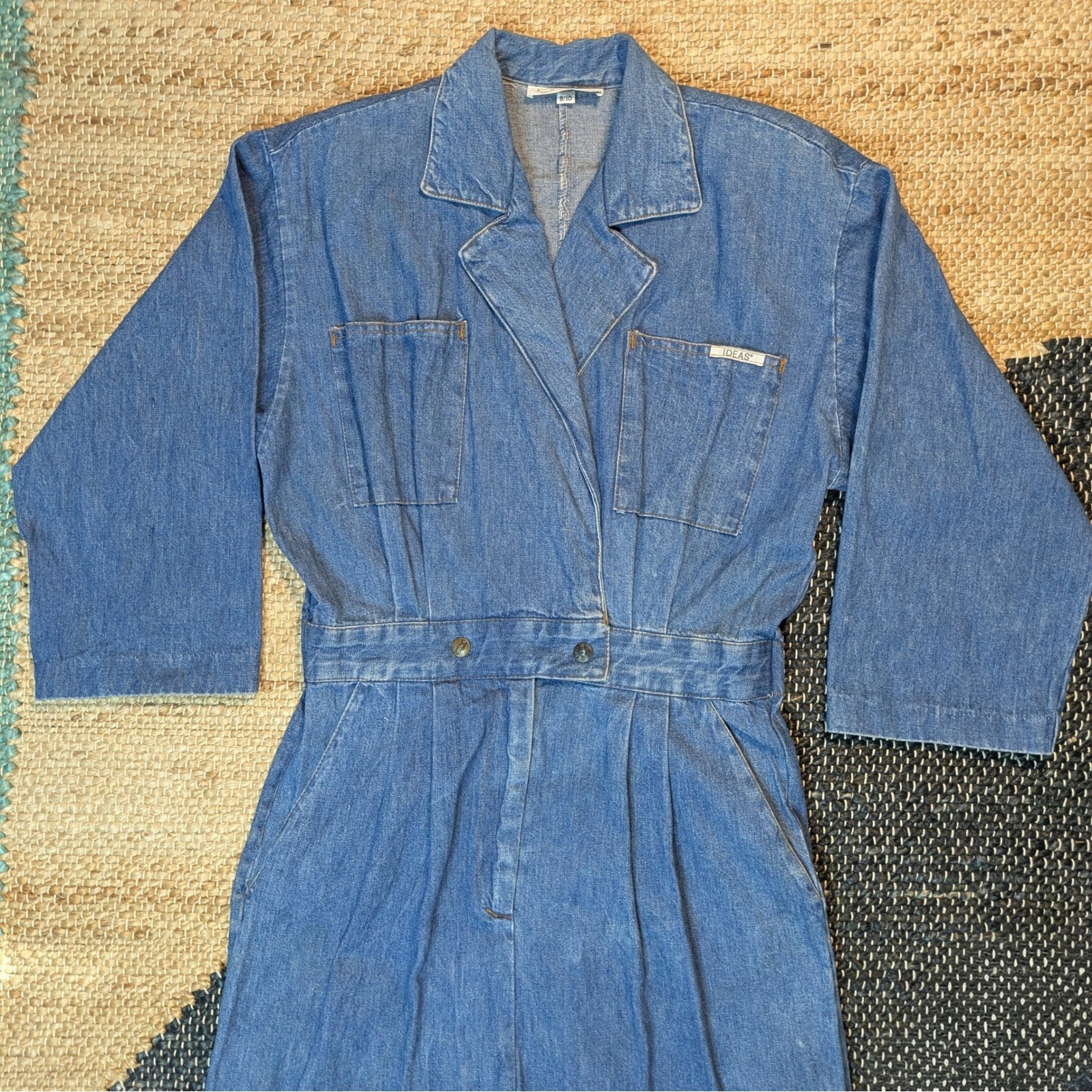 Vintage Ideas Denim Midi Dress Blue Wash 3/4 Sleeve Button Waist Size 9/10 80s