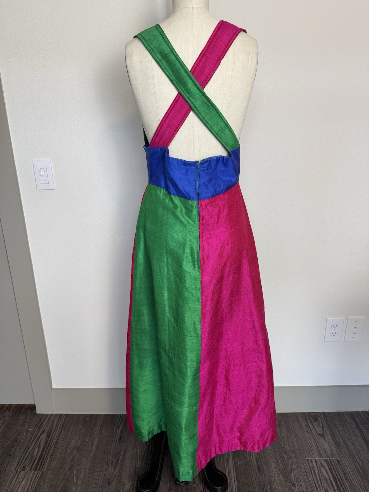 60s 70s VTG Sabina of India for Lord & Taylor Colorblock Silk Maxi Dress, Medium