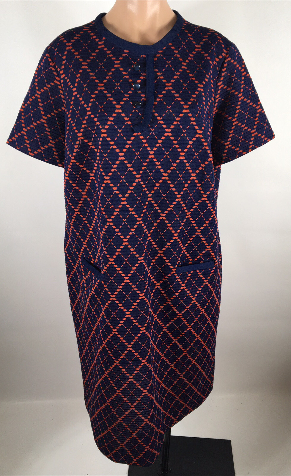 Vintage 60s 70s Meera Brooke Shift Rayon Dress Blue Red Textured Mod GOGO L/XL