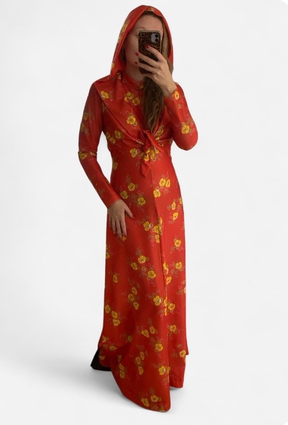 Rare Vintage 1970s Orange Floral Maxi Dress Jacket Hooded Boho Unique Small