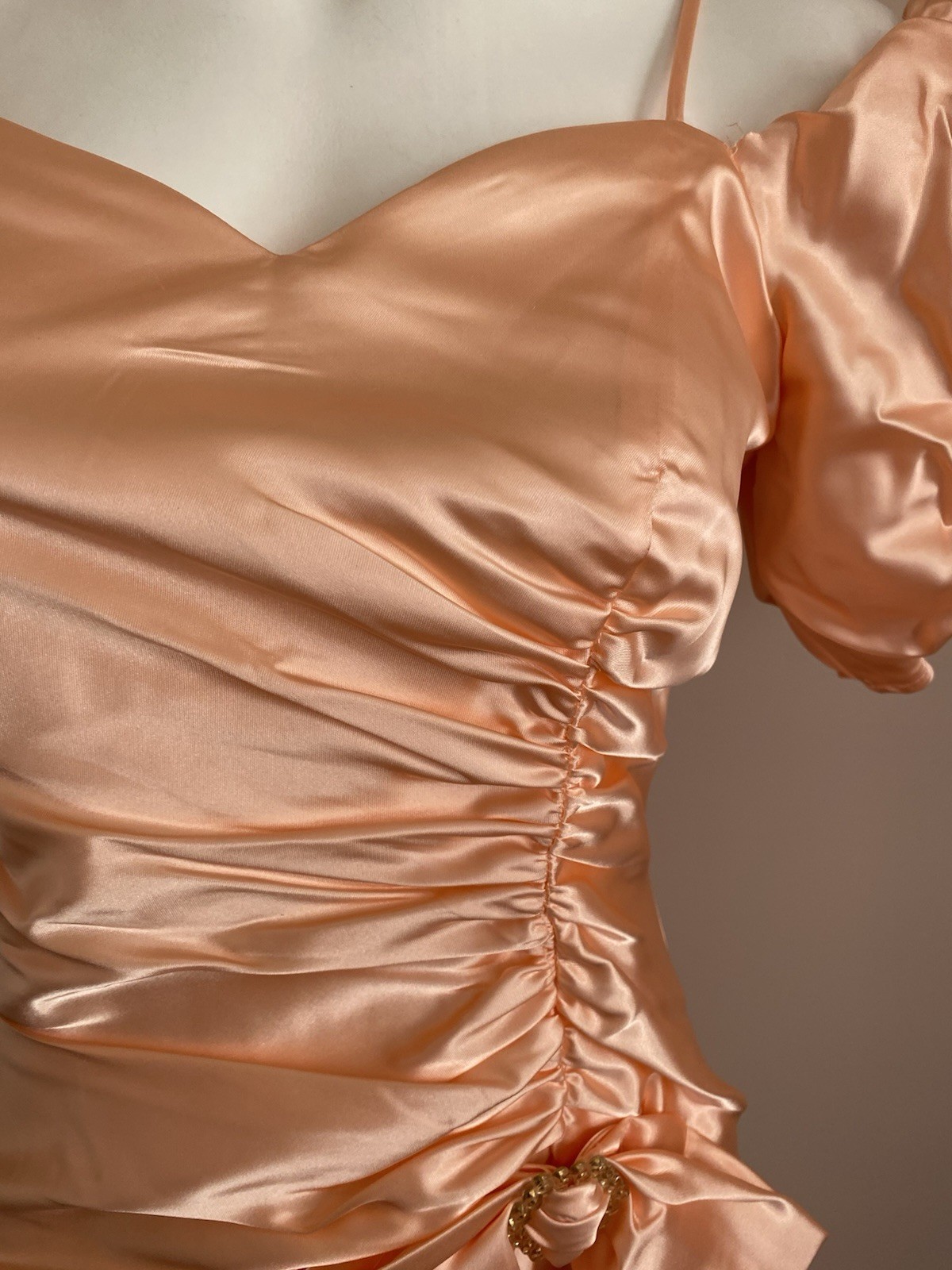 Vtg JC Penny Peach 80s Prom Dress 5/6 Gown Hi Lo Ruch Puff Sleeve Satin Union