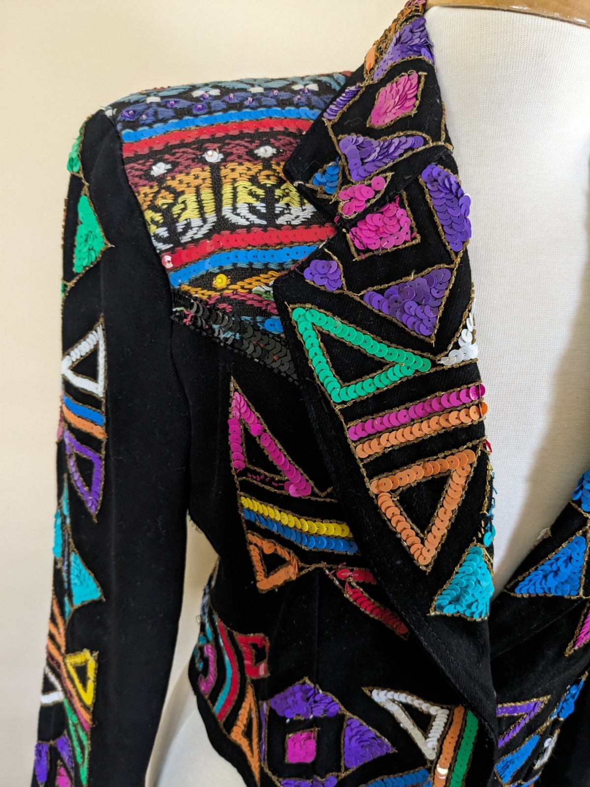 Vintage 1980s Modi Sequin Geometric Blazer Sz S Aztec Tribal Cotton Blend Jacket