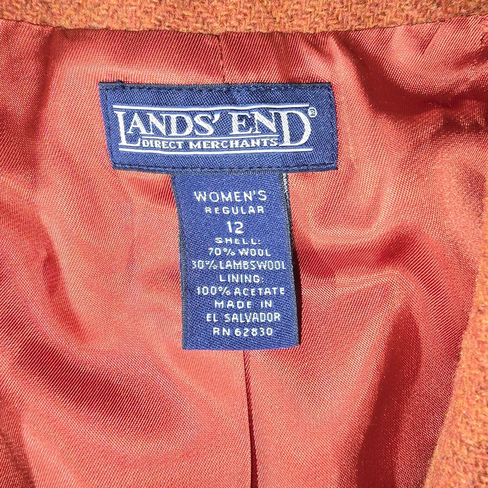 Vintage Land’s End Women’s Wool Blazer Size 12 in Color Rust