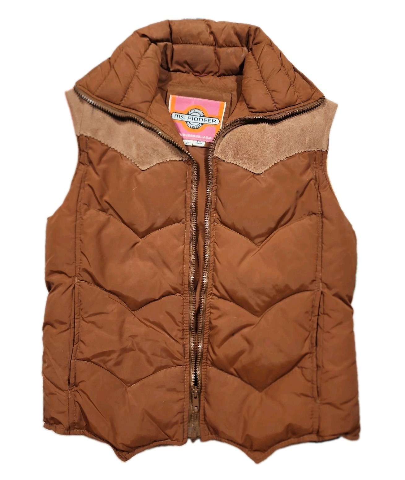 VINTAGE MS PIONEER 70’s Down Puffer Vest Small Women Nylon/Leather Brown Western