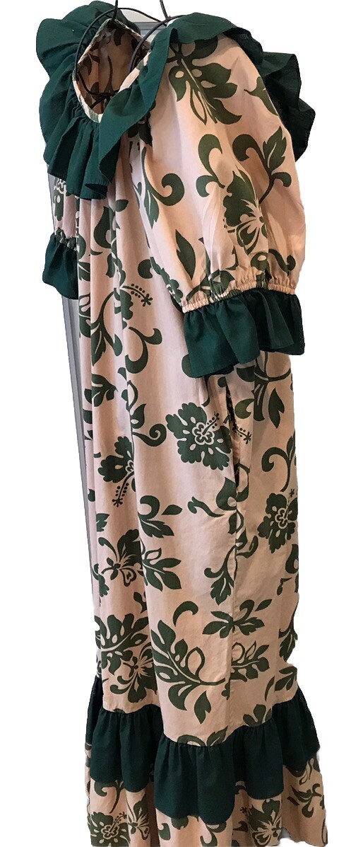 Vintage Lucky You Hawaii Pink Beige & Green Ruffle Hem Puff Sleeve Maxi Dress 2X