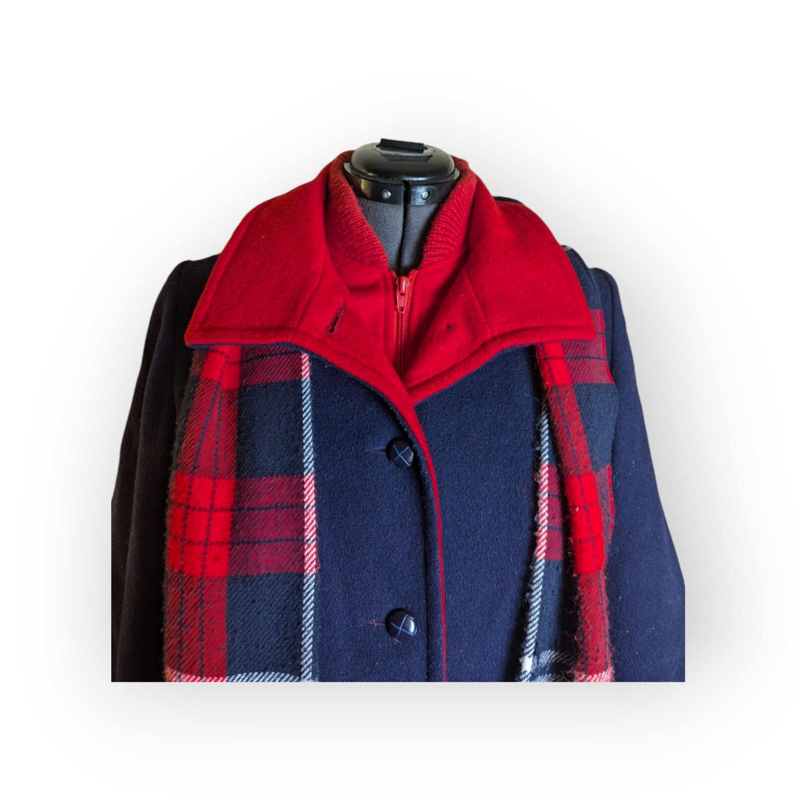 Vintage Wool Pea Coat Blue w/ Red Lining & Scarf Sz M Made In USA Preppy