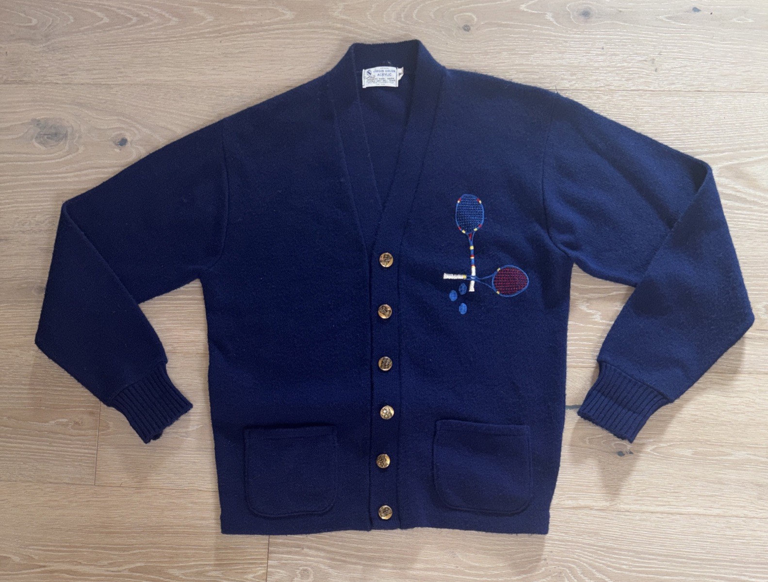 Vintage Women’s Tennis Sweater Navy Blue Embroidered Orlon Acrylic 60s 70s Retro