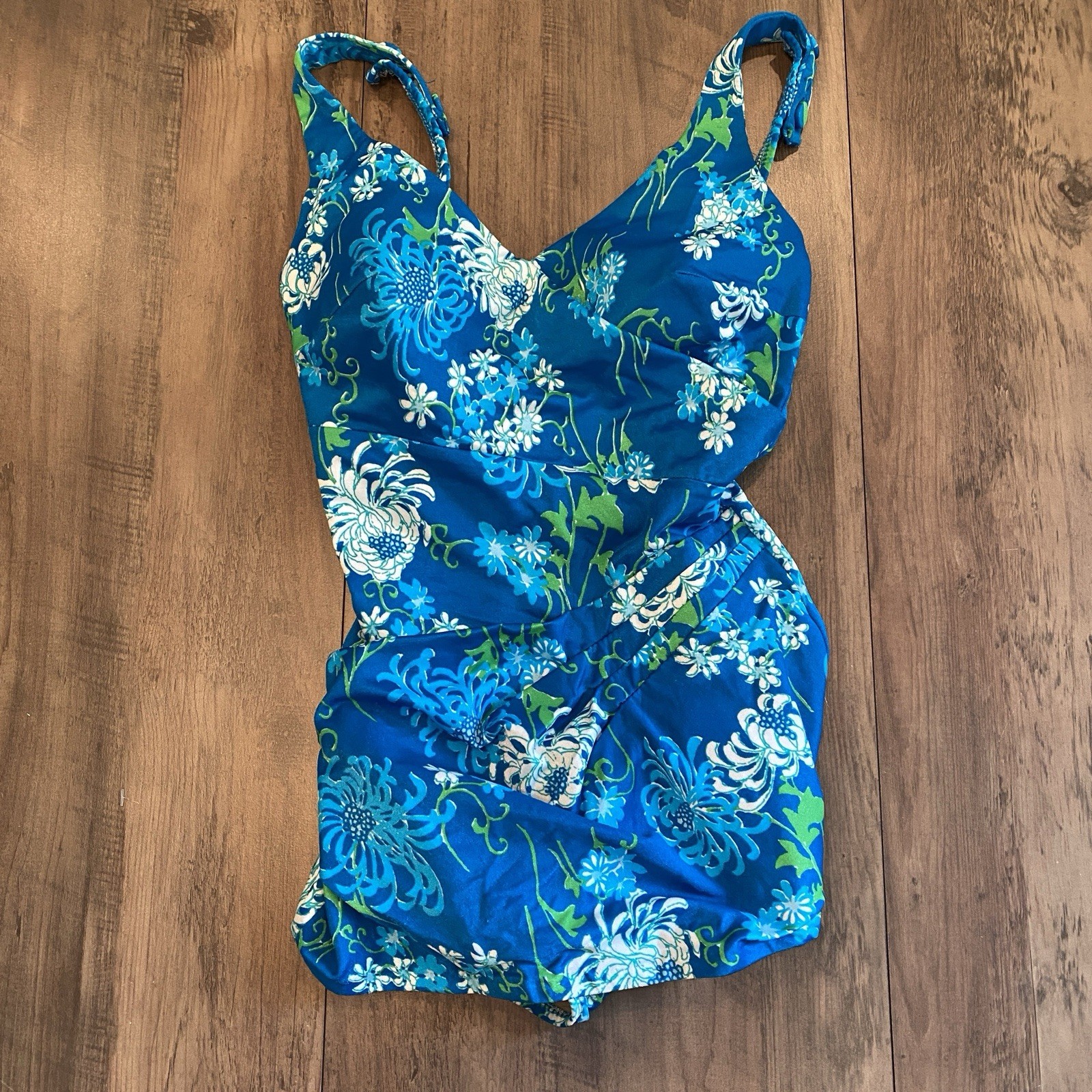 Vintage Mid Century 1960s Pin Up One Piece Aqua Blue Floral Swimsuit Size 34B