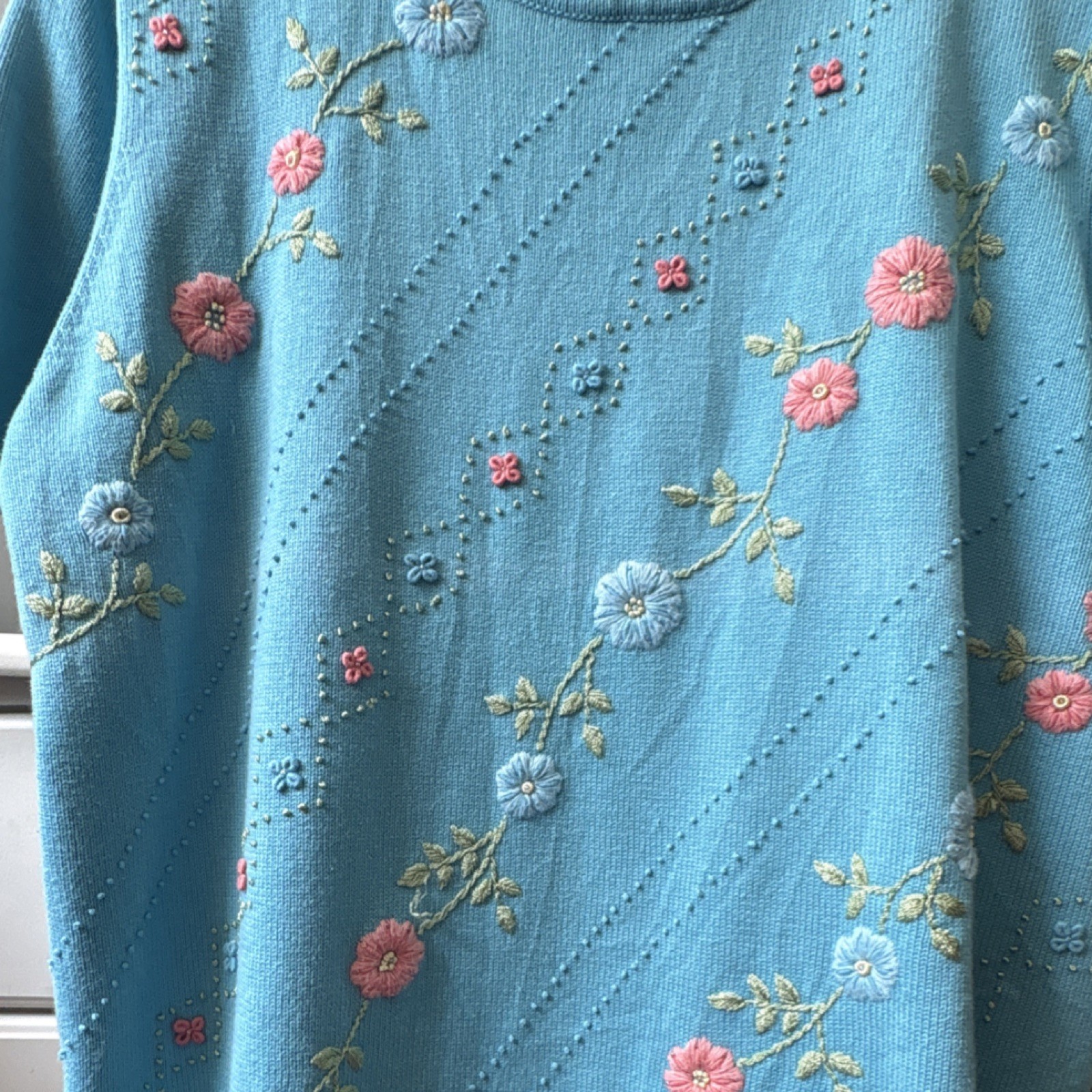 Alfred Dunner Floral Embroidered Knit Top Blue Pink Green Acrylic Cotton Size L