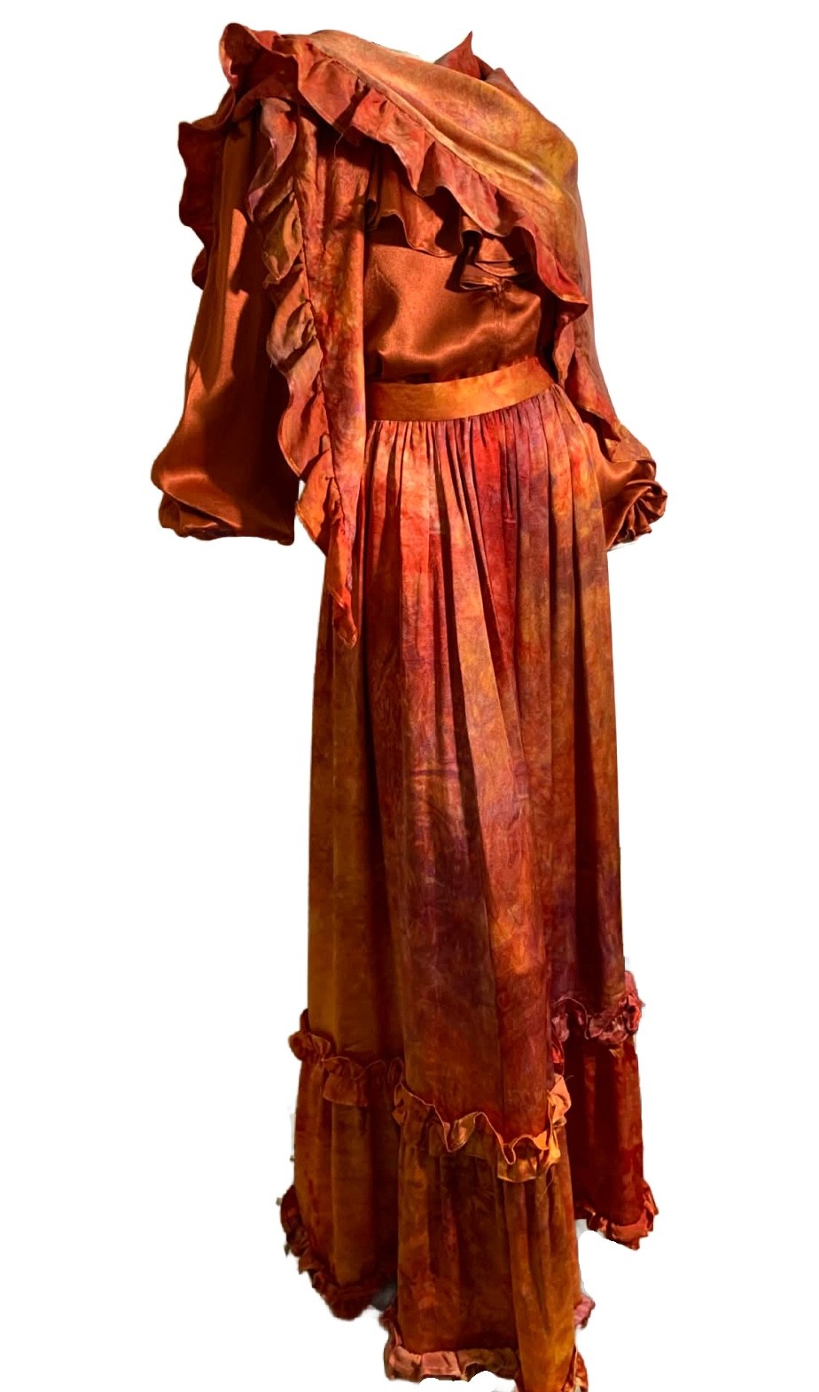True Vintage 1970s Fiery Hued Tie Dye Silk 3 Pc Peasant Dress Set