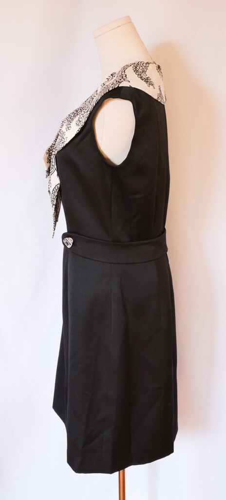 Vintage 60s Mod Black & White Scarf Silk Dupioni Shift Dress Mid Century Office