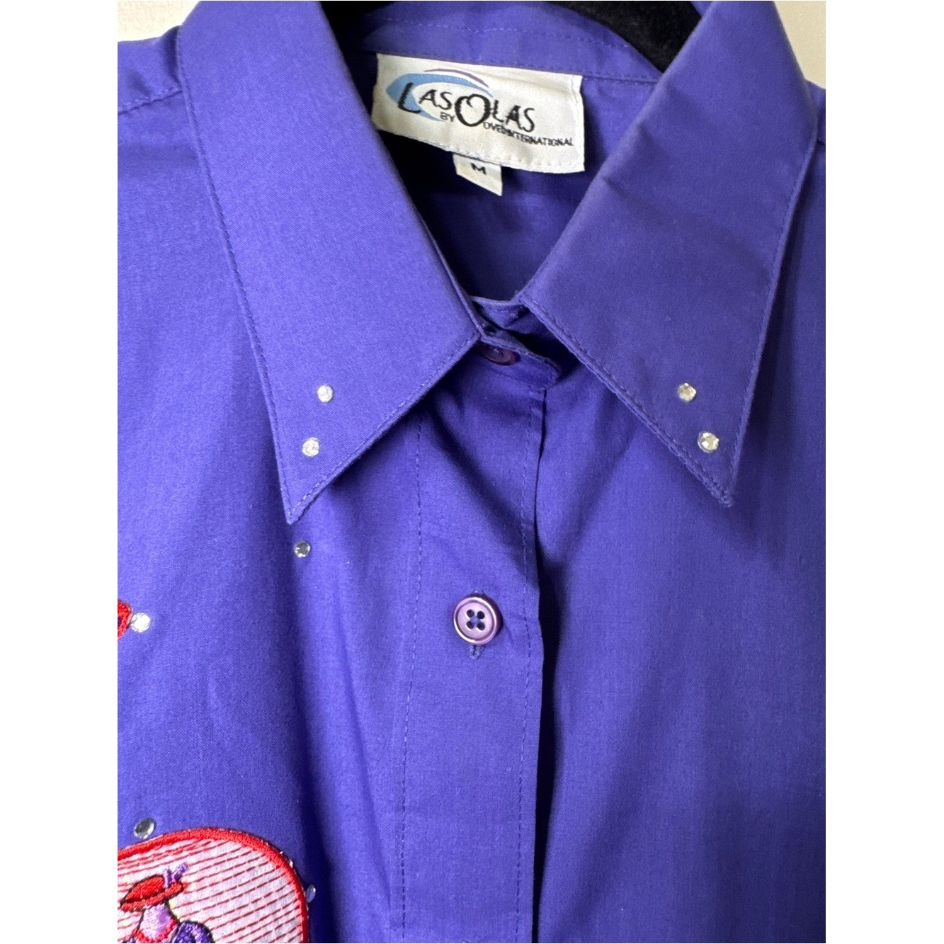 Vintage Las Olas Purple Novelty Embroidered Button Shirt Rhinestone Art Blouse M