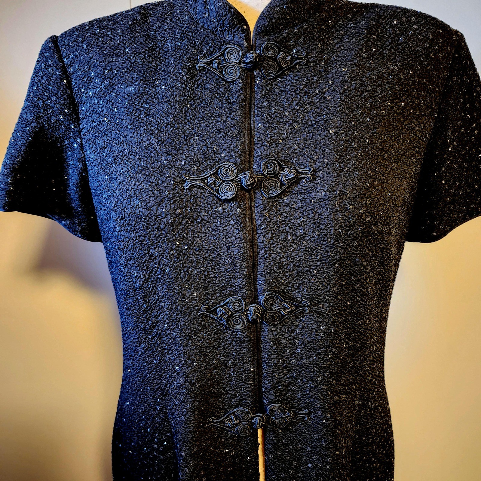R&M Richards Karen Kwong Vintage Black Sparkling Dress Jacket Frog Closure 16