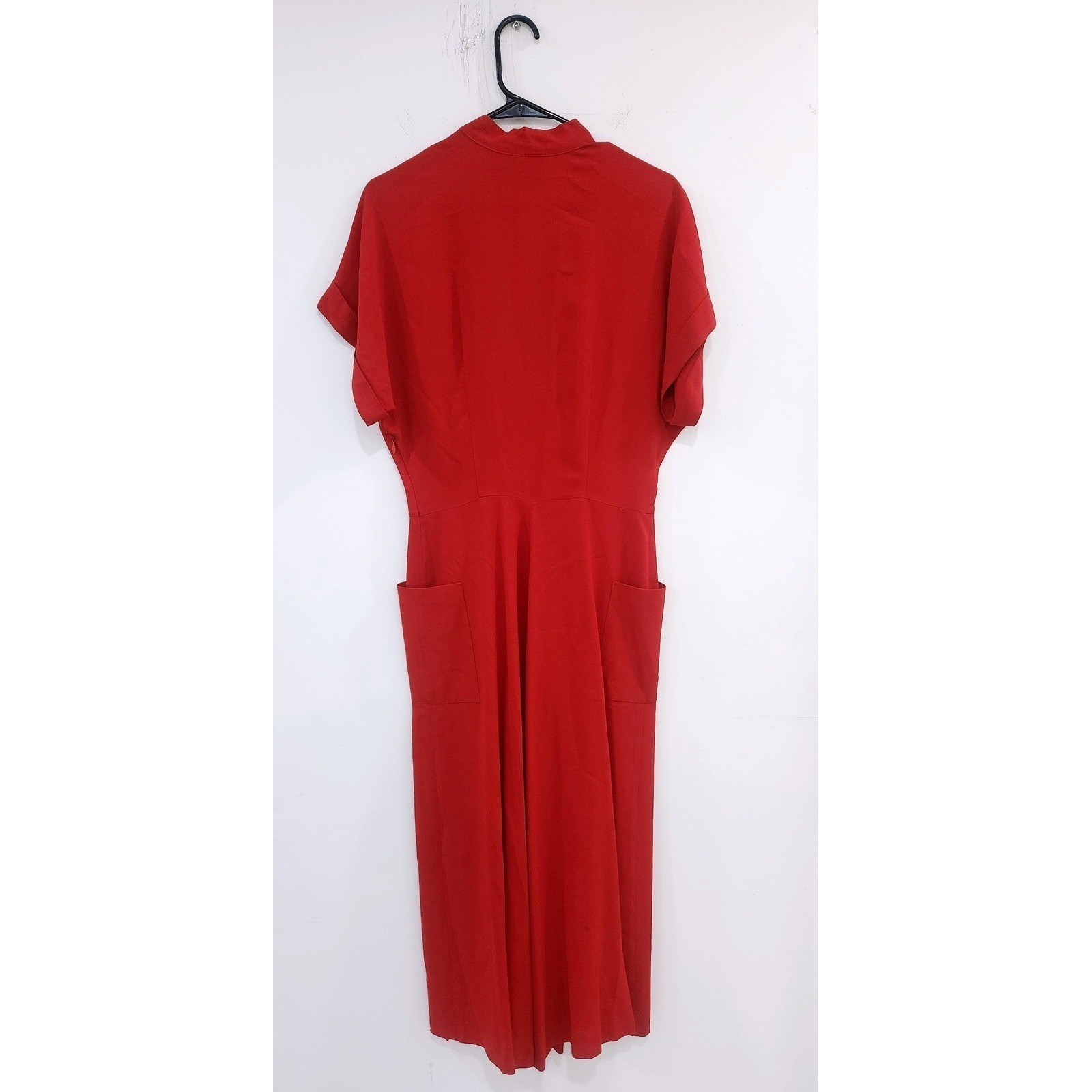 Norma Kamali Vintage Red Pleated V-Neck Midi Dress with Pockets Size 42 US 10