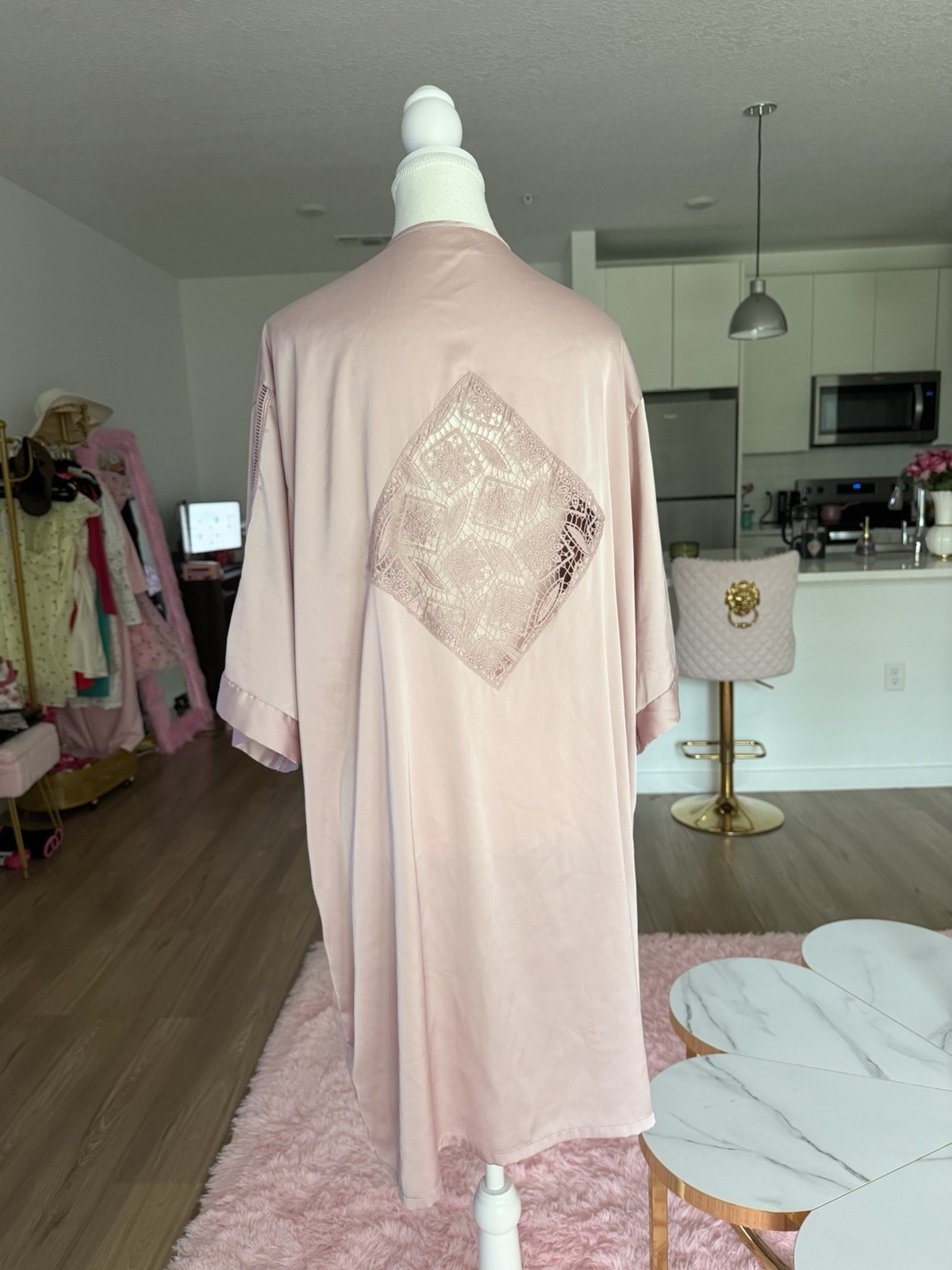 Vintage Pink satin robe with lace trim and diamond-shaped lace panel on the back