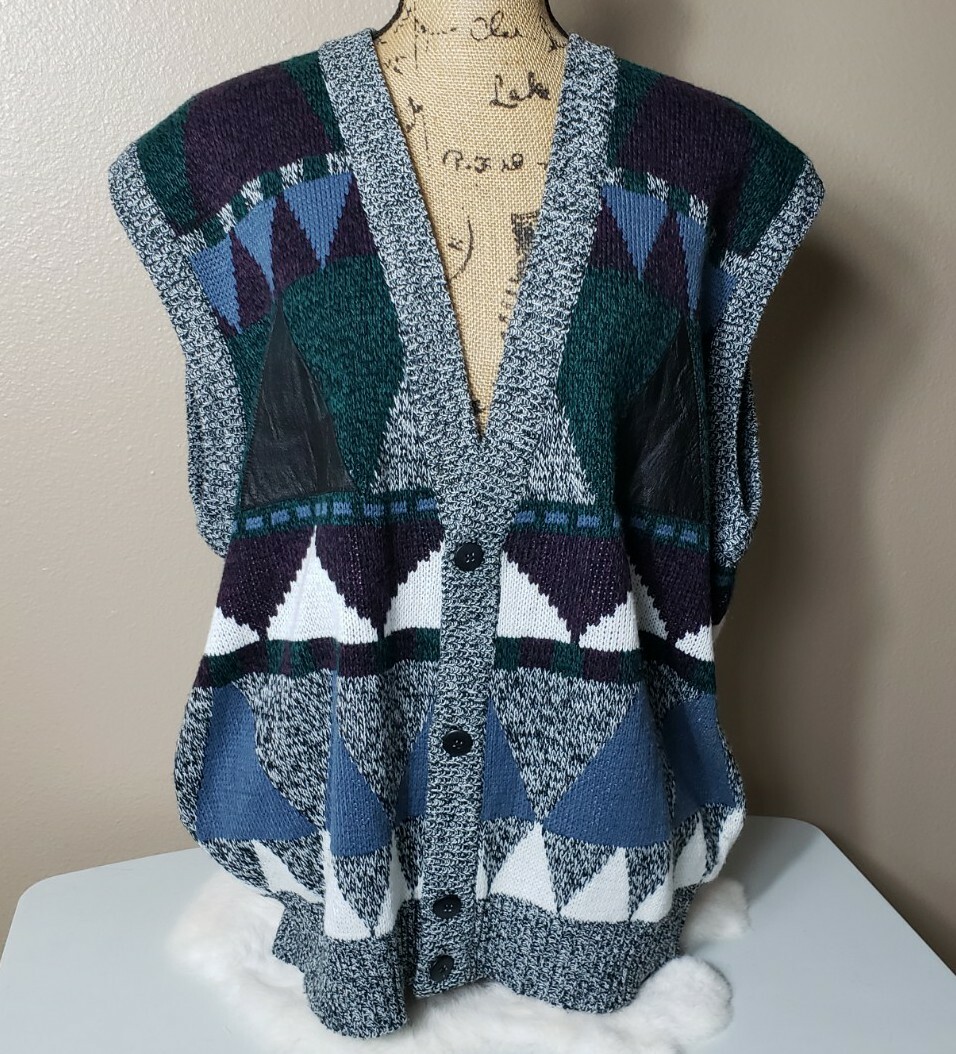 Vintage 80s Unisex Geometric Buttonfront Sweater Vest-Size Men’s XL