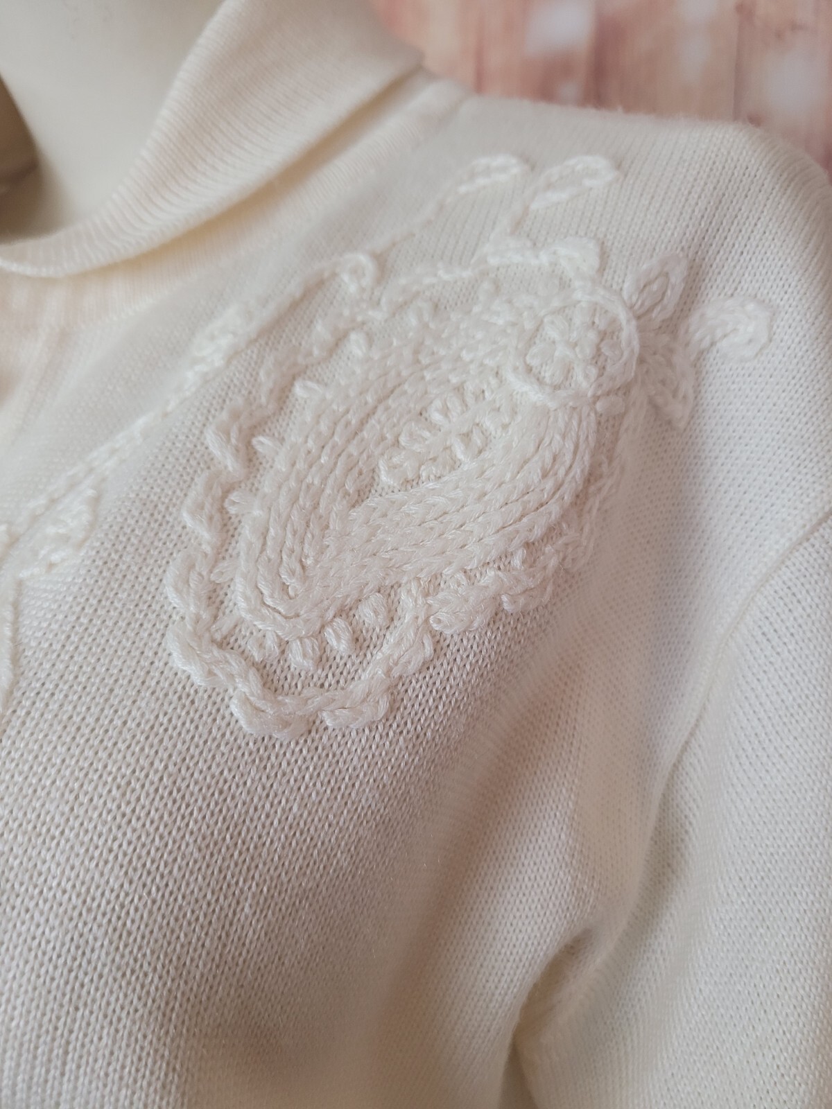 Tanjay Vintage Hand Embroidered Sweater Women’s Medium Cream Wool Blend Cardigan