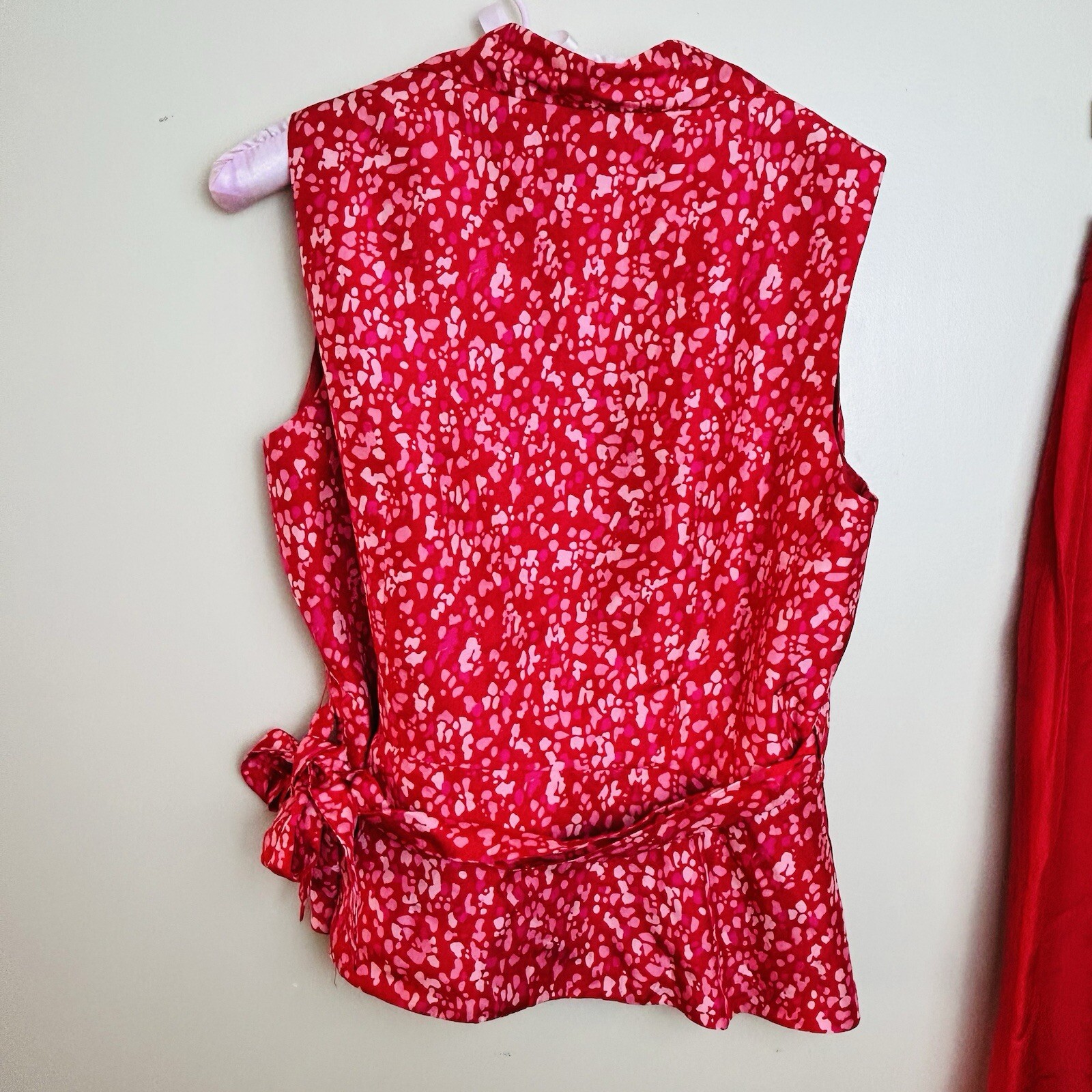 VTG 80s ICE 100% Silk Wrap Vest Blouse & Pants Set, Size 10 Pink Red Dots *read*