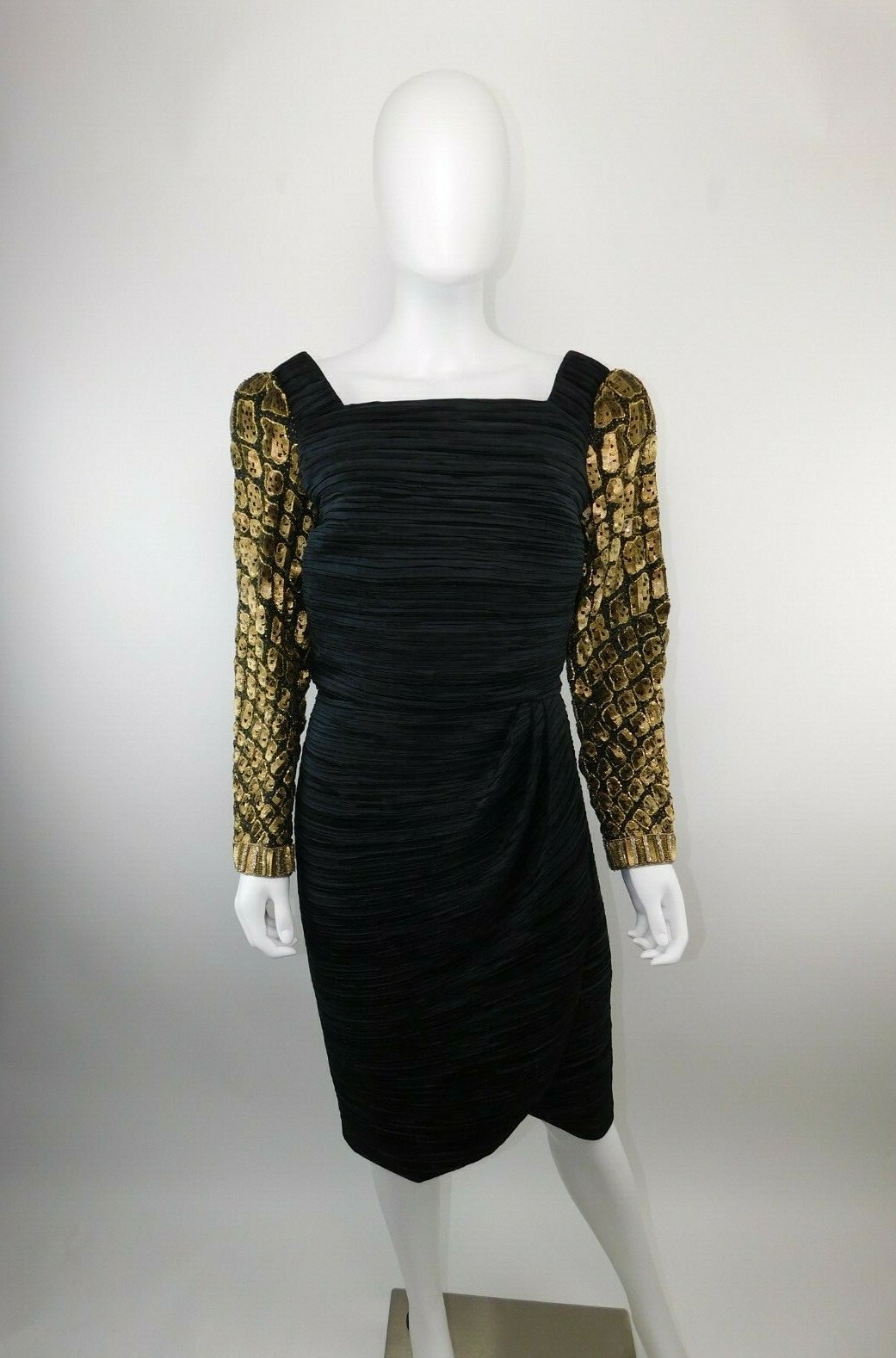 Richilene Vintage 12 Black Gold Beaded Ruched Sheath Evening Cocktail Dress