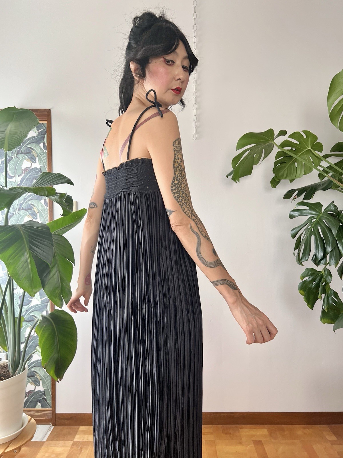 1980s Jeanne Marc Black Permanent Pleated Maxi Dress Spaghetti Strap M