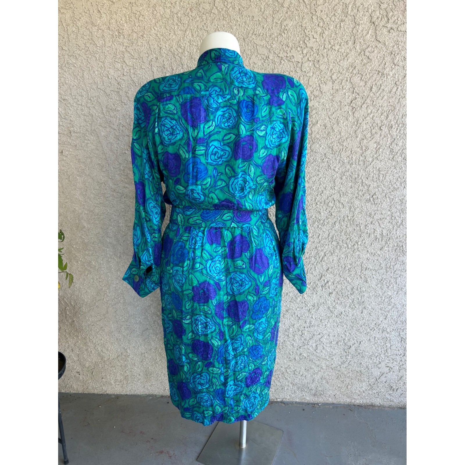 Vintage Silk Floral Wrap Dress Sz 14 Teal Blue Purple 80s Belted